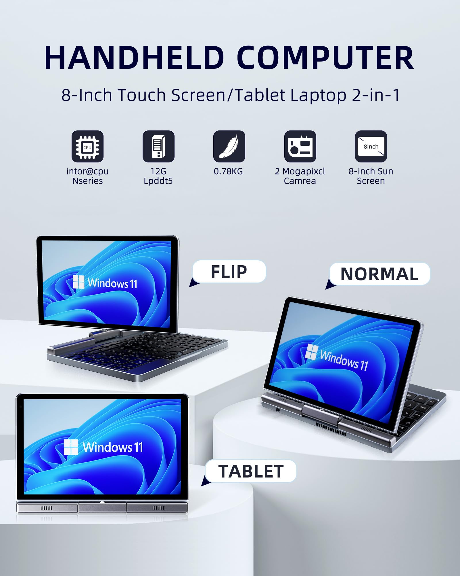 8インチ Windows11 UMPC 2in1 N100 12G+512G 8 inch Mini Laptop HD Touchscreen Portable 2-in-1 Computer,Windows