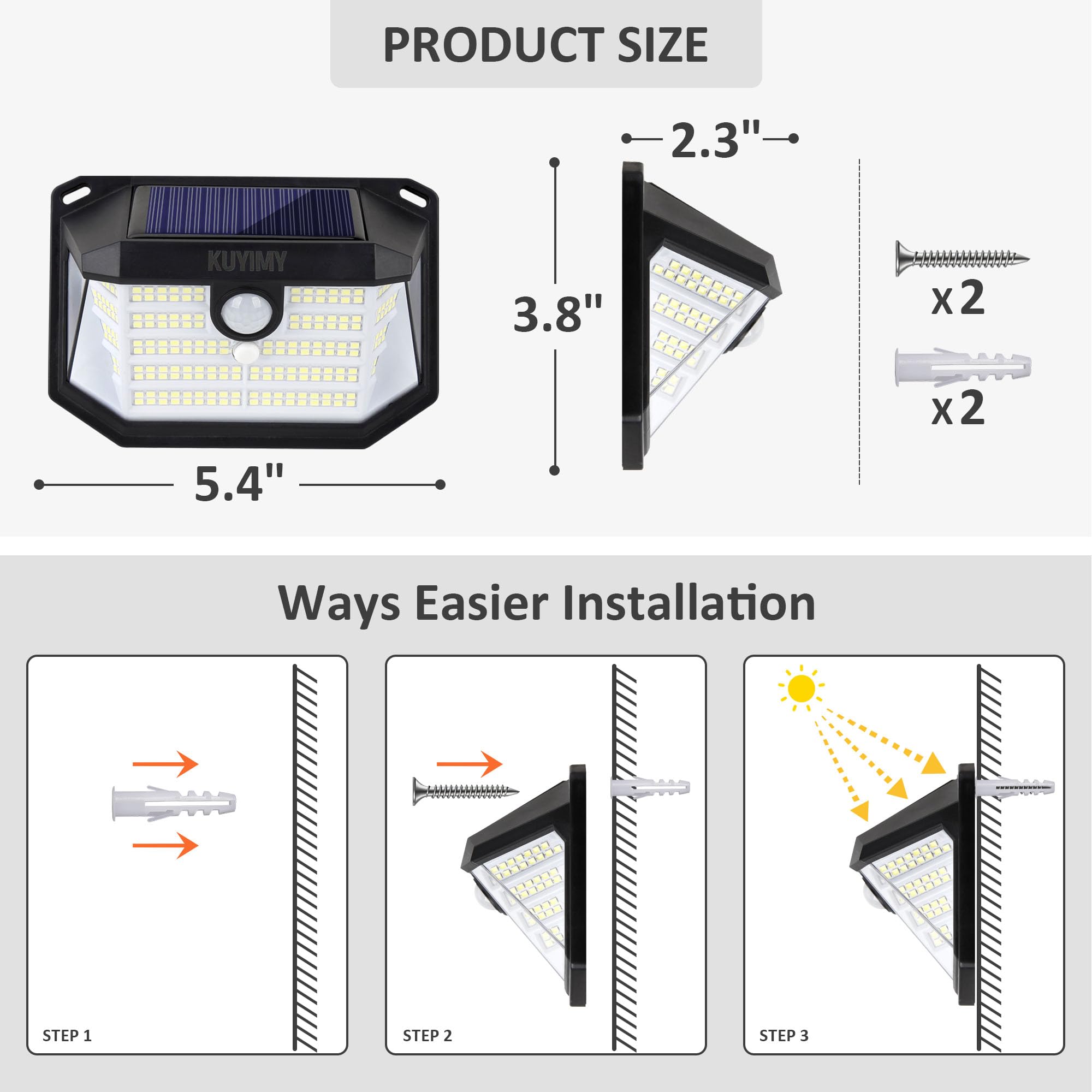 Solar-Außenleuchten, 230 LEDs mit Bewegungsmelder und 3 Modi, IP65 wasserdicht, 270° Weitwinkellicht, einfach zu installieren, intelligente kabellose Sicherheits-Wandleuchten für Terrasse
