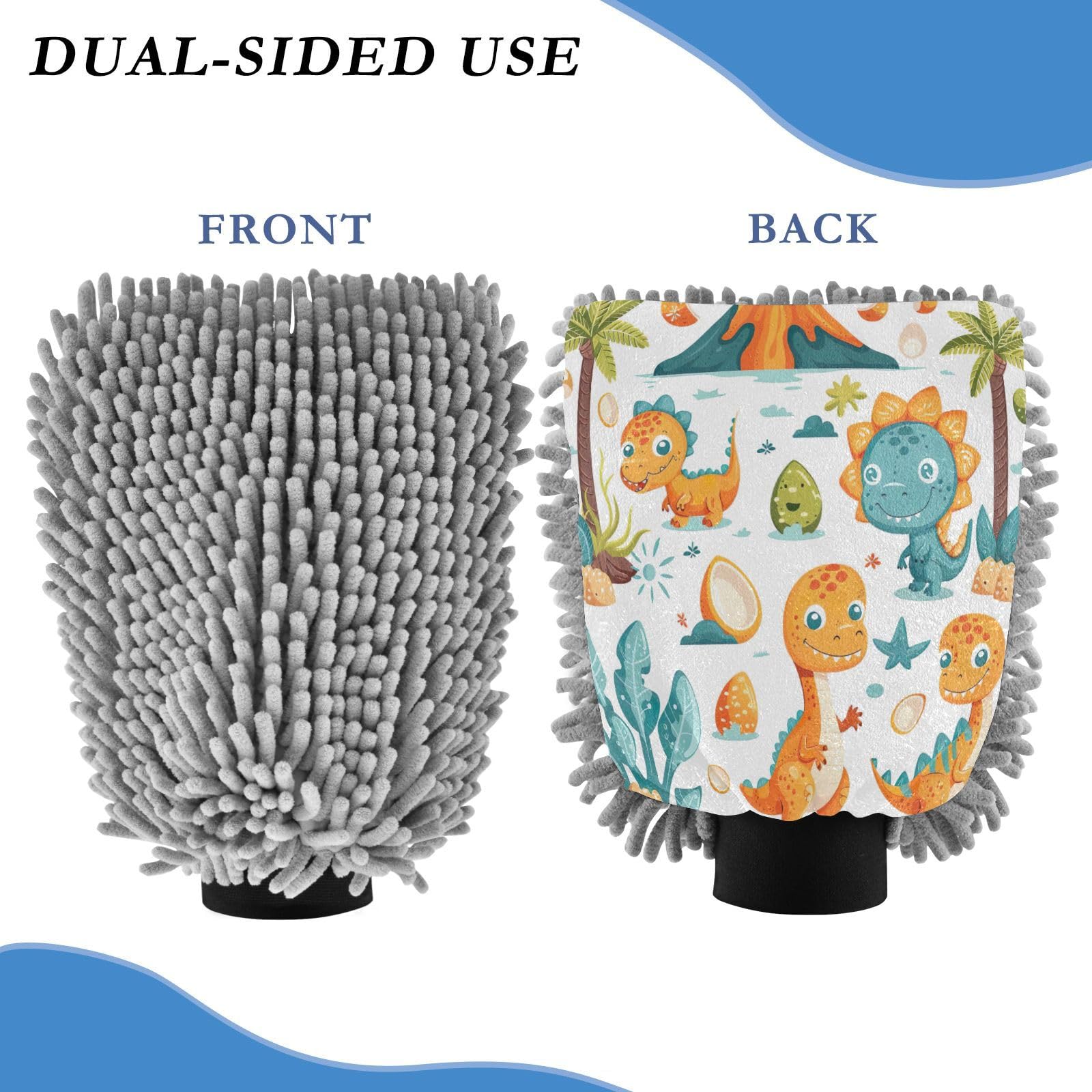 Kigai Cartoon Dinosaur Car Wash Mitt Microfiber, 2Pcs Scratch Free Lint-Free, Premium Chenille Microfiber Mitt Car Wash Brush-M