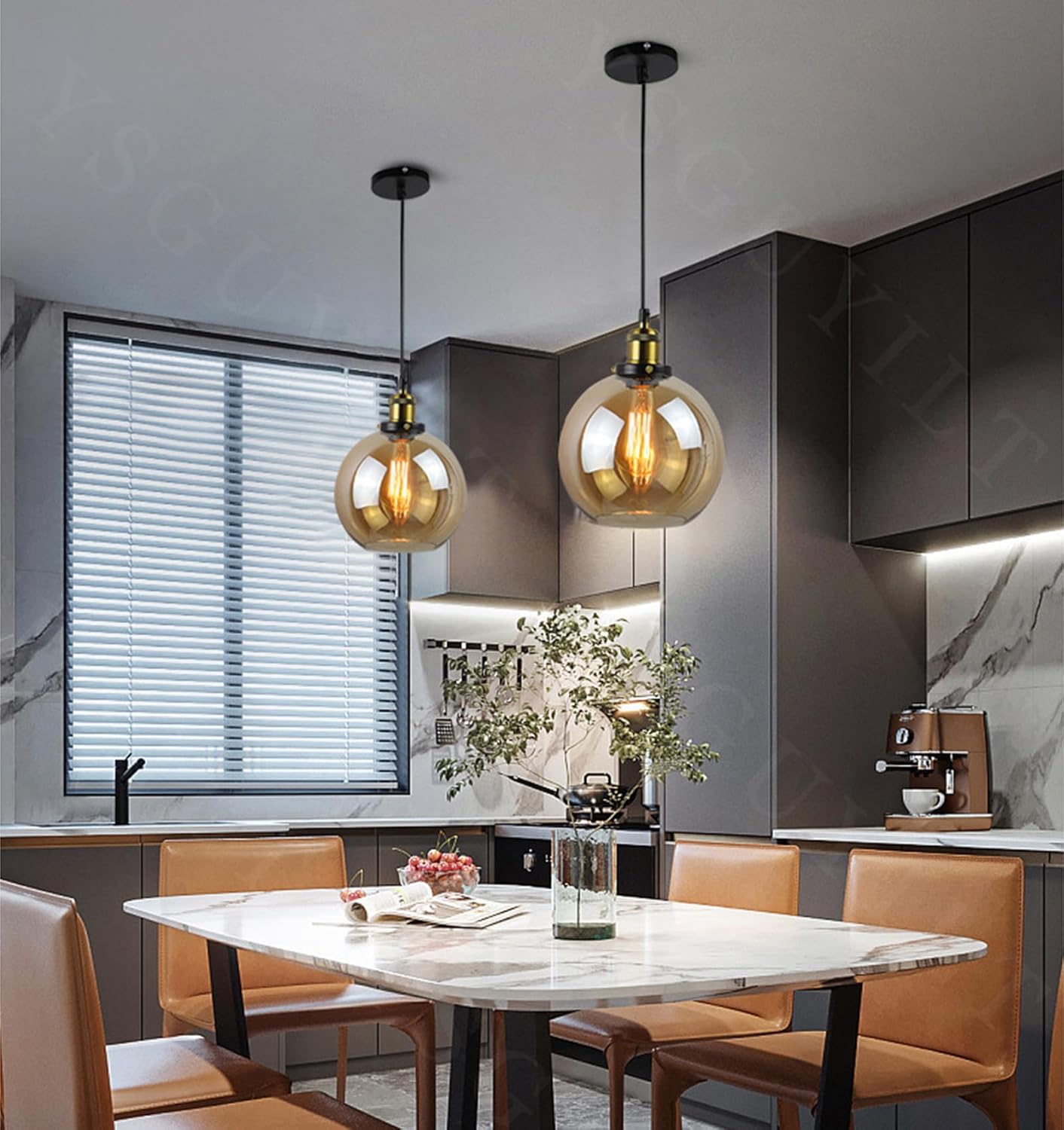 Glass Globe Pendant Lights E26 Indoor Clear Glass Hanging Lights Adjustable Cable Suitable for Living Room Restaurant Kitchen Hanging Lamp Amber 25 cm (Bulb not Included)