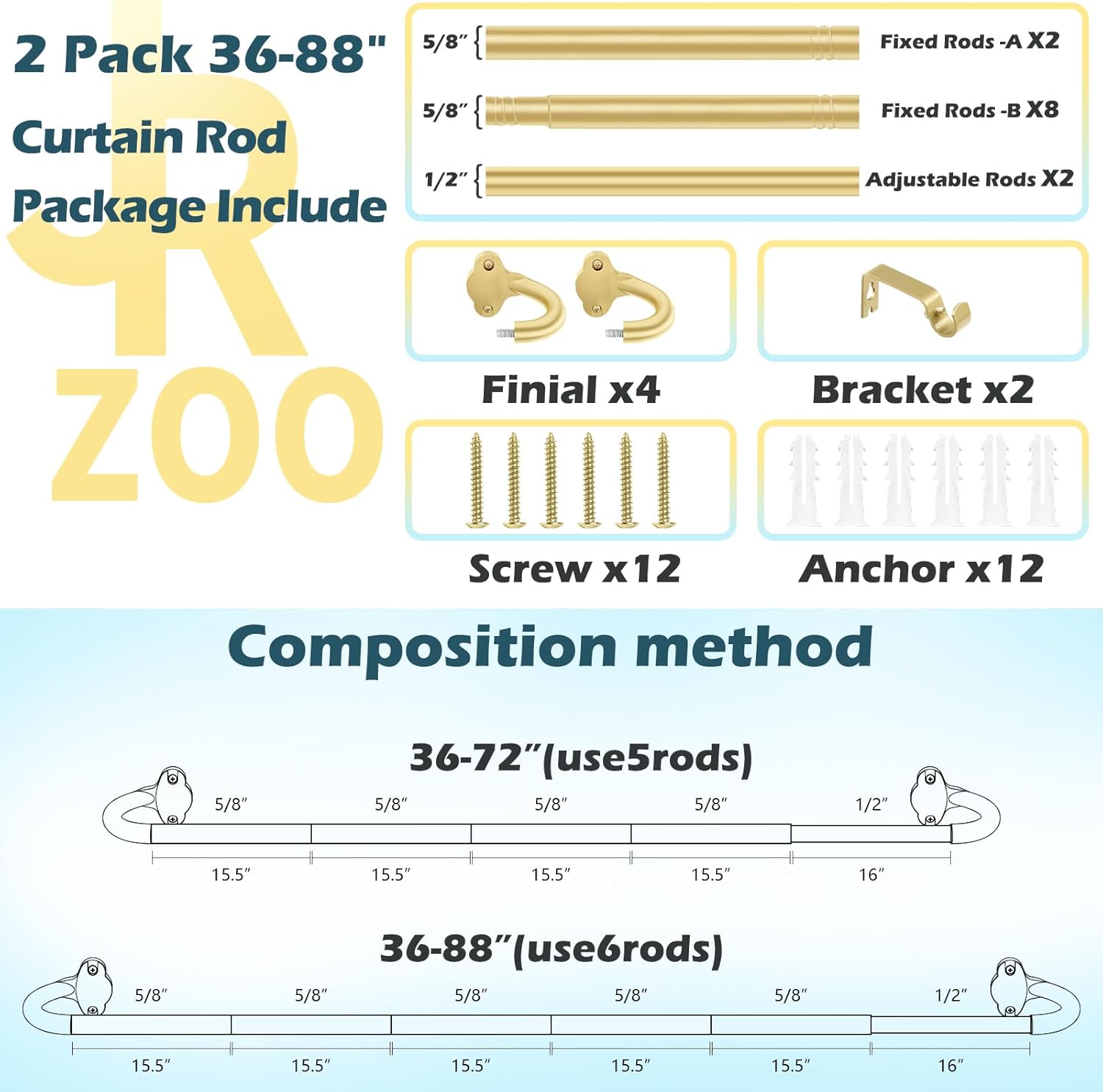 Wrap Around Blackout Curtain Rod 36-88 Inch (3-7.3 Ft), 5/8" Adjustable Curved Window Rod for Room Darkening, Modern Single Drapery Rod for Living Room Windows, Gold, 2 Pack