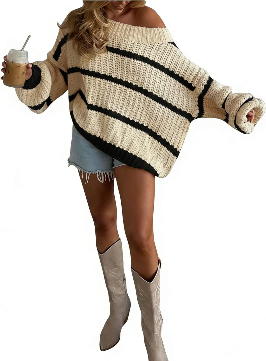 Verdusa Women‘s Off The Shoulder Sweater Striped Color Block Chunky Oversized Cozy Sweaters Winter Clothing