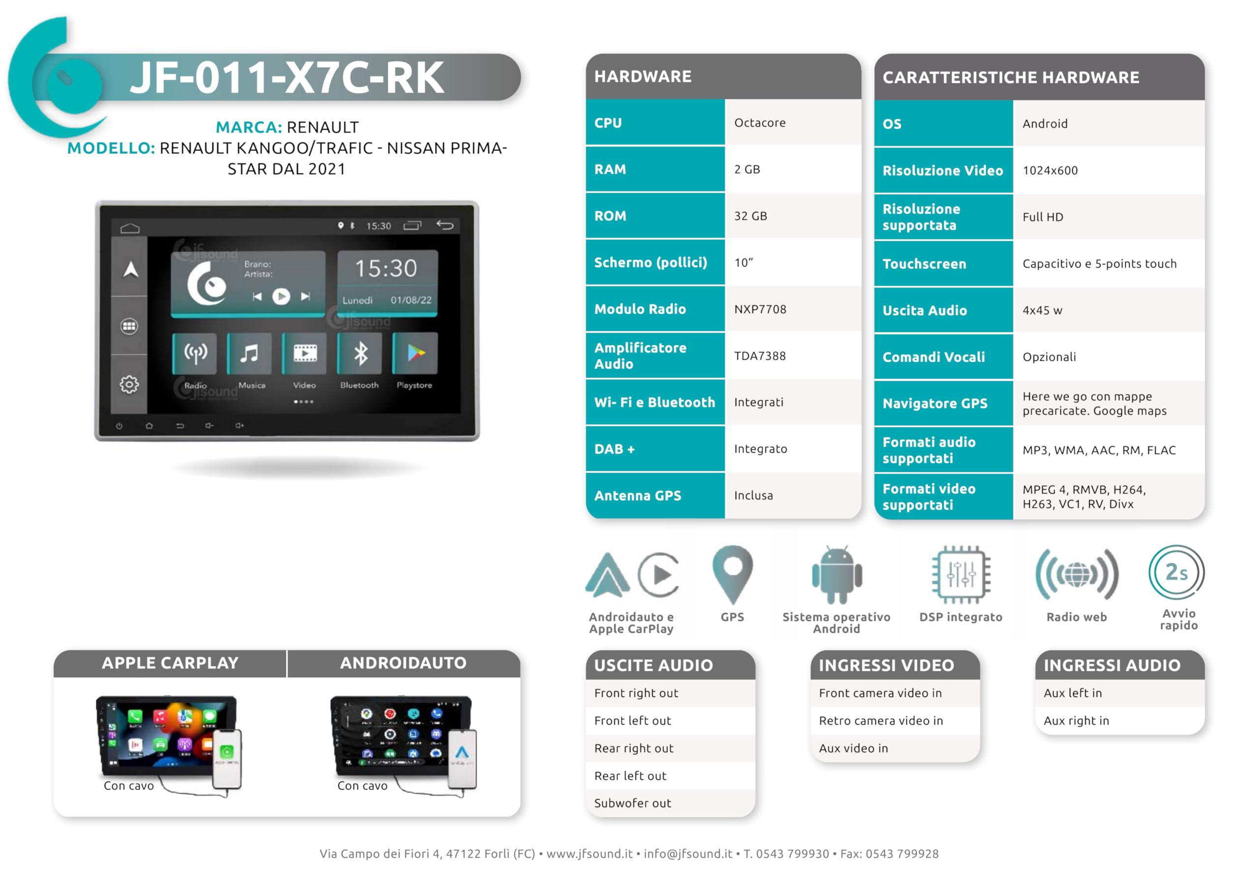 JF Sound - Autoradio Android JF-011-X7C-RK - Per Renault Kangoo, Trafic e Nissan Primastar (2021>) - CarPlay e Android Auto - GPS - 2GB RAM - 32GB ROM - DAB+ - 10" HD - Prodotto in Italia