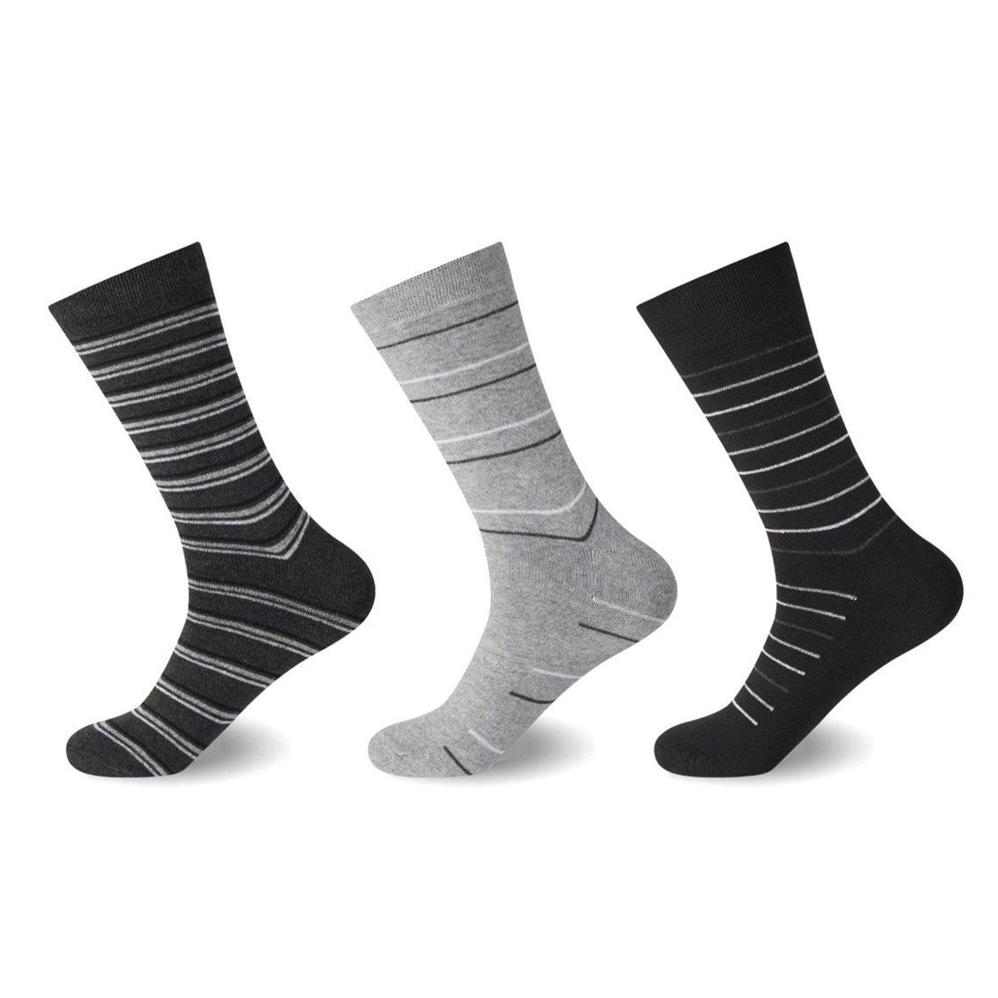 Velvetio Men's Grey Stripe 12 Piece Diabetic Flexitop Socks, Loose Top Grey Stripe Pattern Non-Elastic Socks, Soft Grip 100% Cotton Casual Wear Sock, Uk 6-11, Eur 39-45