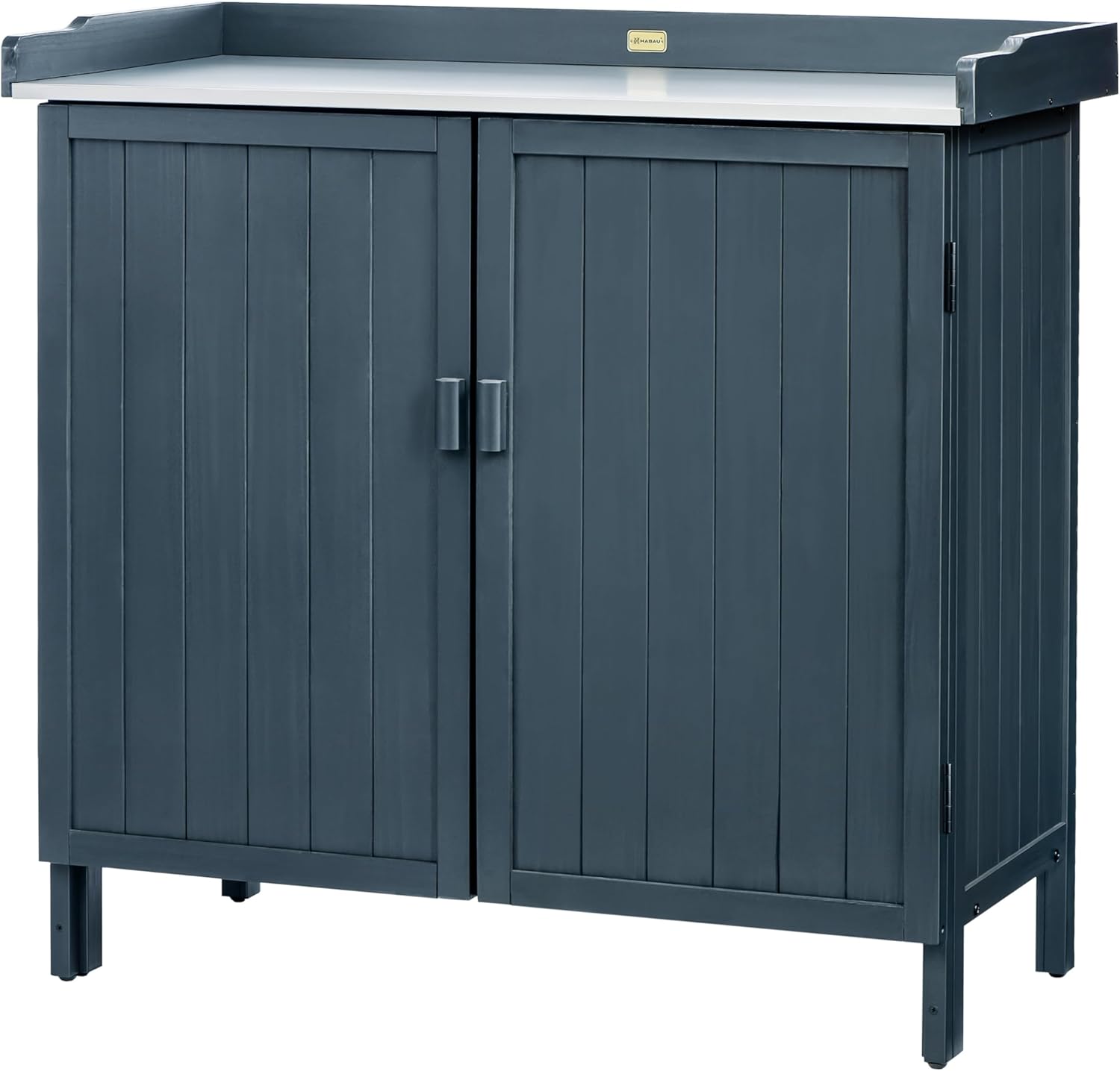 HABAU Outdoor Storage Cabinet with Potting Bench & Metal Tabletop, Wooden Planting Workstation for Garden Patio, Weatherproof
