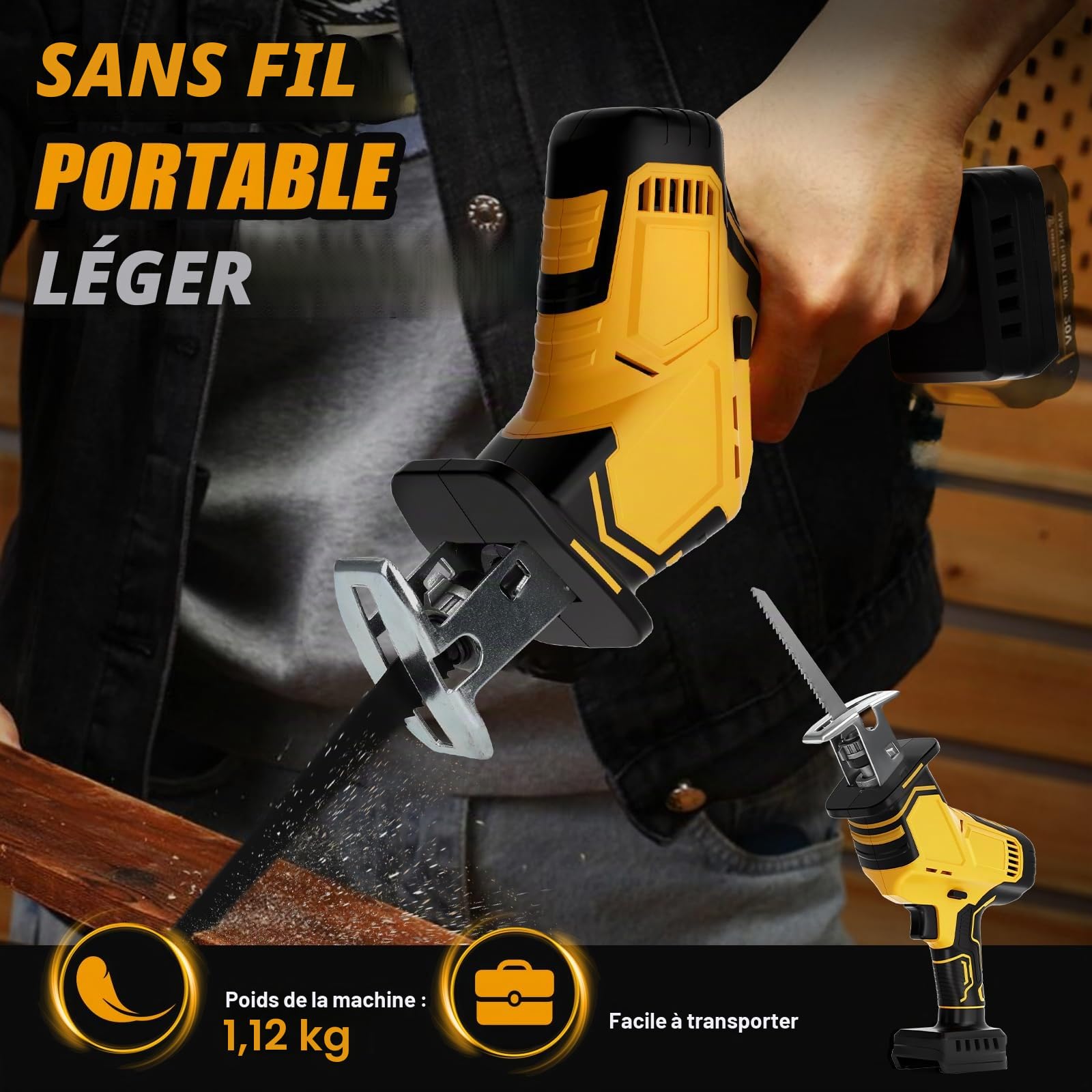 WingFly Scie sabre sans fil pour Dewalt 18 V, 20 V, 4 lames de scie | 2700 tr/min, scie sabre électrique avec variateur de vitesse en continu, peut être utilisée pour métal, bois (sans batterie)