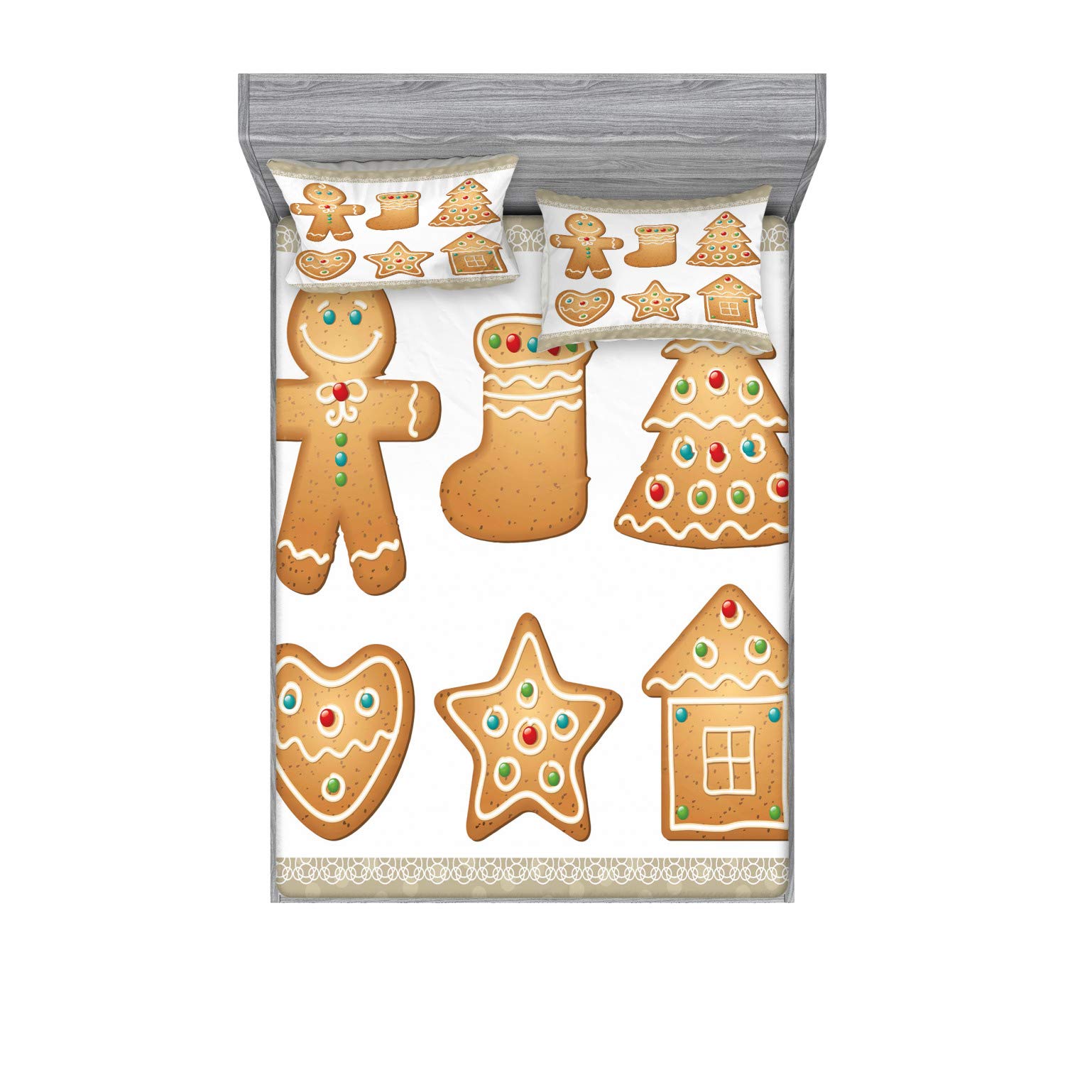 Ambesonne Gingerbread Man Fitted Sheet & Pillow Sham Set, Pastry Design Graphic Cookies in Different Shapes Tasty Goodies, Decorative Printed 3 Piece Bedding Decor Set, Queen, Amber Tan