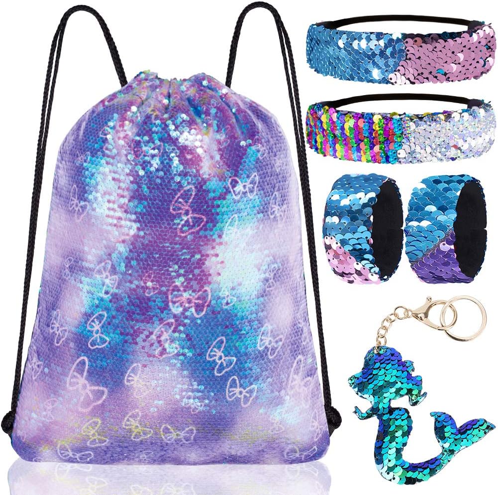 GA&EN Mermaid Reversible Sequin Drawstring Backpack/Bag Clear Iridescent Sequin+ Butterfly Shape Spotted Purple Fabric for Kids Girls