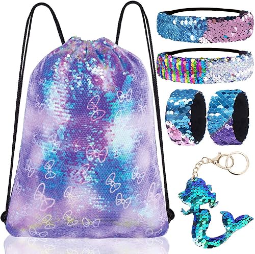 Mochila de sirena, reversible, con lentejuelas, para manualidades, con cordón, para danza, gimnasio, para niña
