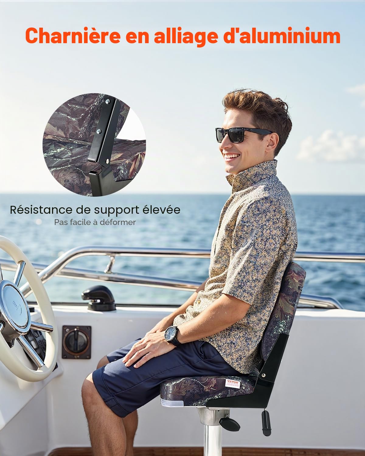VEVOR Siège de bateau à dossier bas, chaise de bateau de pêche pliable avec coussin en éponge épais et tissu en polyester PU, cadre en PP solide, rabattable, pour yachts, navires, 2 pièces, camouflage