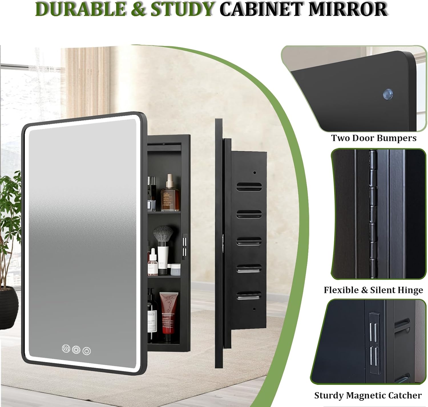 LED Medicine Cabinet Mirror for Bathroom 16x24 Inch, Recessed Medicine Cabinets with Lights, Anti-Fog Bathroom Mirror with Storage, Black Metal Frame, Adjustable Shelves, 3 Color Dimming