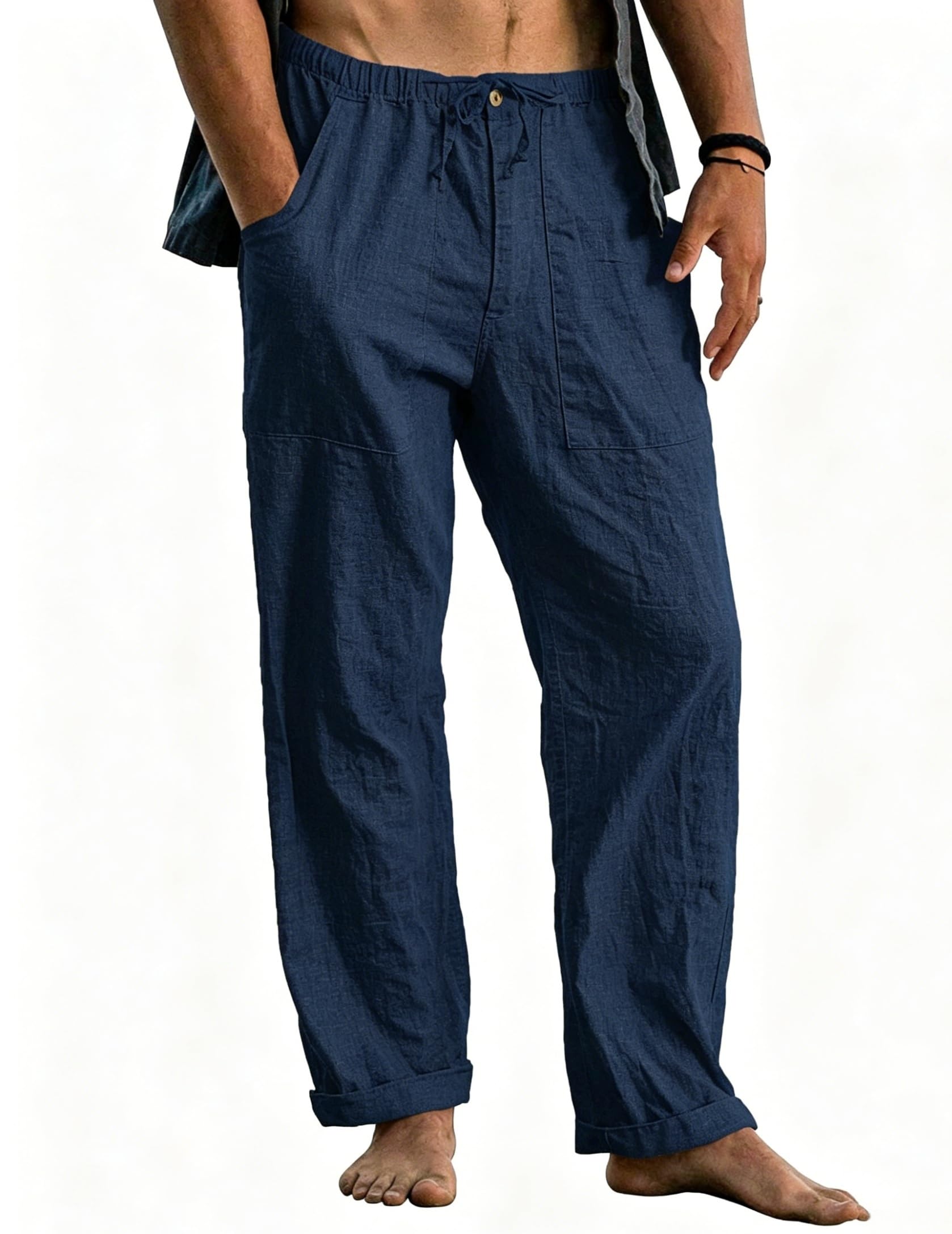 Cegerne Pantaloni in Lino Uomo Lunghi Leggeri, Pantaloni Estivi Casual con Vita Elastica e Coulisse, per Spiaggia Vacanze Medievale Vintage e Uso Quotidiano