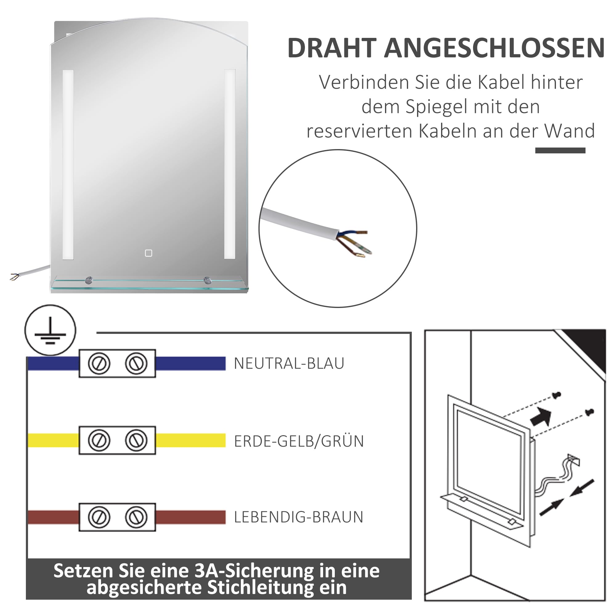 kleankin Badspiegel mit Beleuchtung 50 x 70 cm LED Touchschalter Silber
