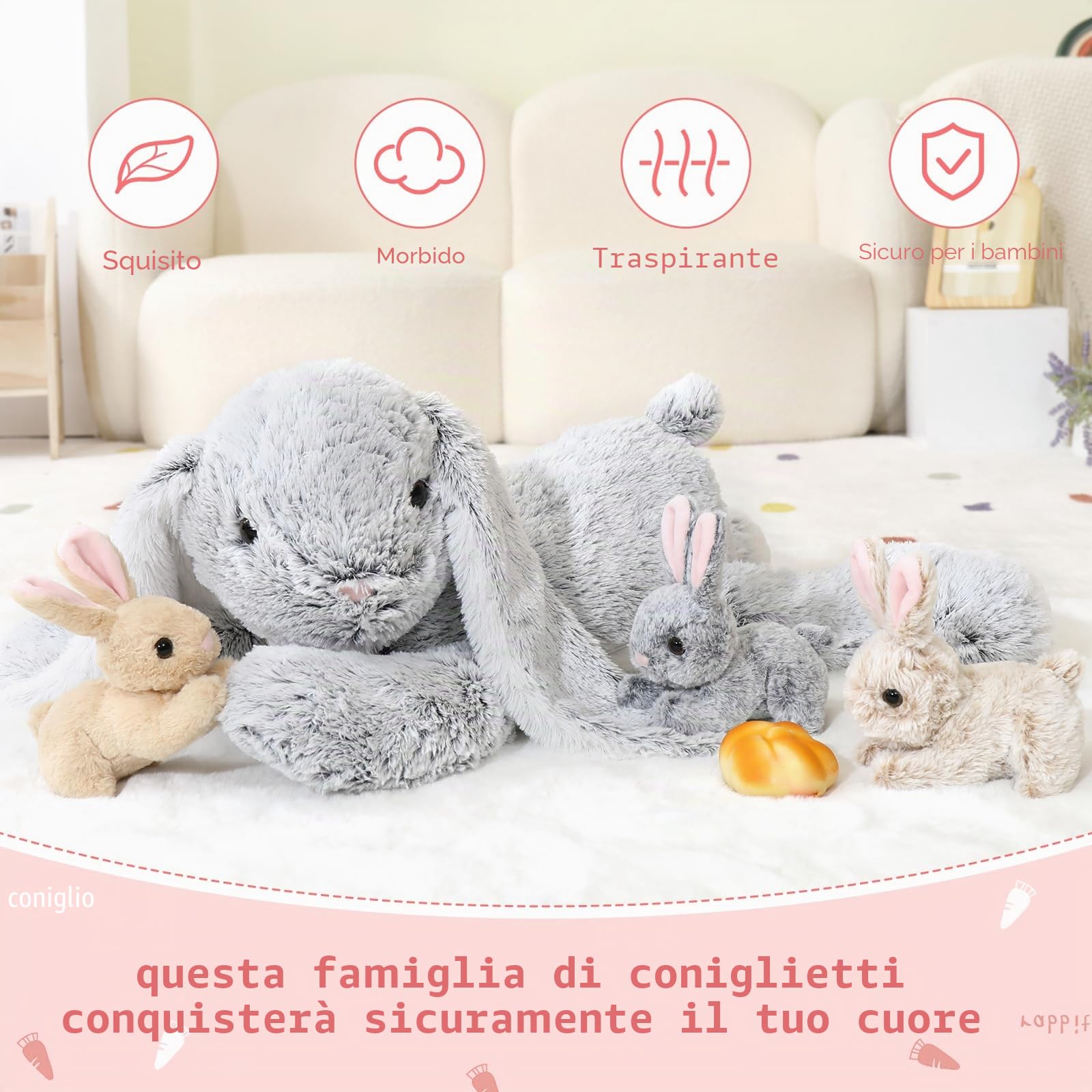 MorisMos Coniglio Peluche Gigante, 60cm Mom Coniglio con 3 Kawaii Bebè Grigio Easter Bunny Teddy Morbido Animali di Peluche Grande Regalo per Ragazzi Ragazze Fidanzata Pasqua Compleanno Deco