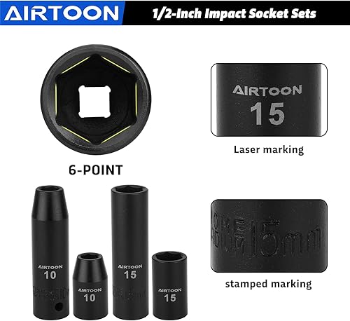 Miniatura 5 de AIRTOON Juego de llaves de impacto de 12 pulgada, 49 piezas de dados métricos profundos y poco profundos de 0.315 in a 1.260 in, 6 puntos, acero