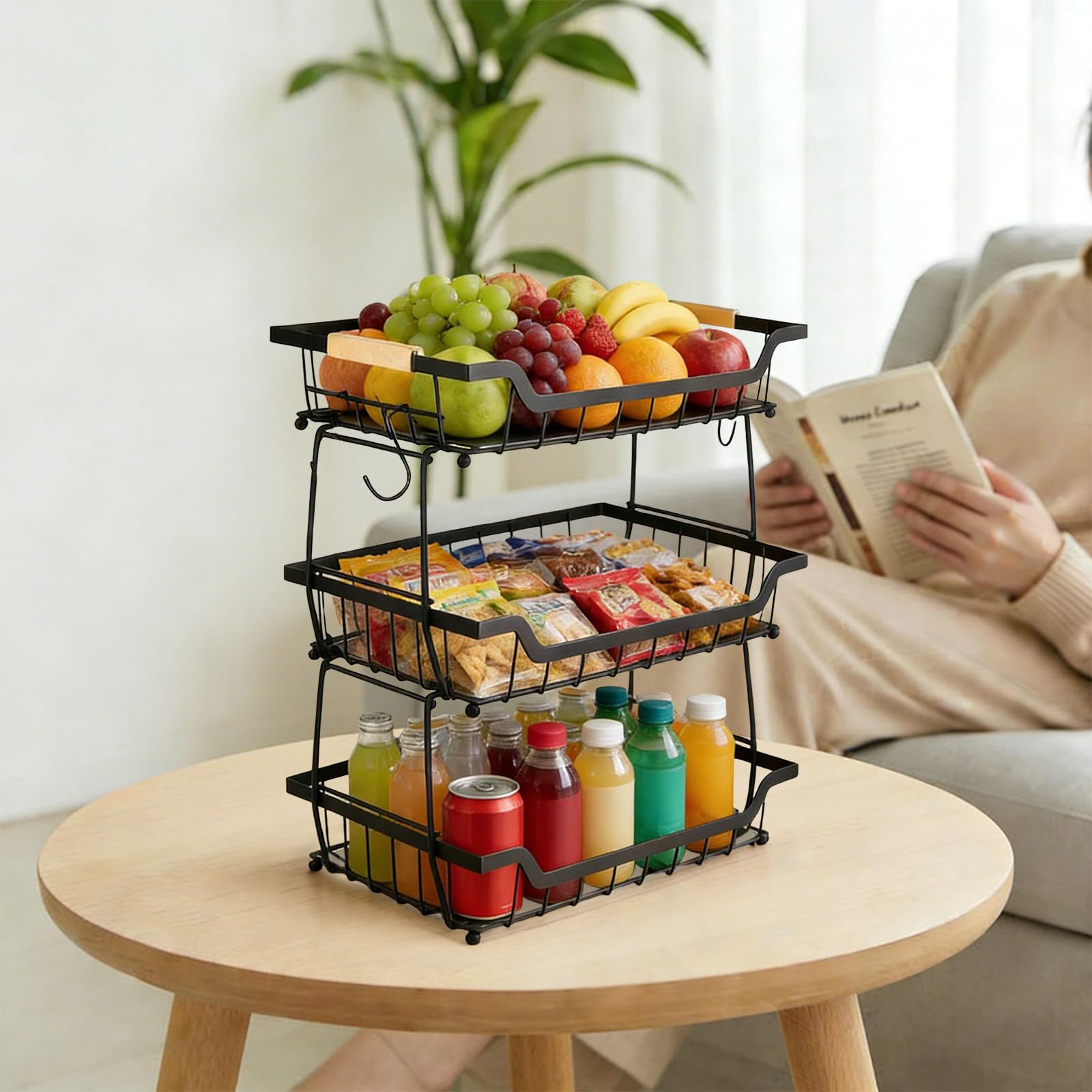 Corbeille à fruits avec 2 crochets bananes pour plan de travail de cuisine, comptoir de légumes, support de rangement, grande capacité, fil métallique, porte-fruits, organisateur pour