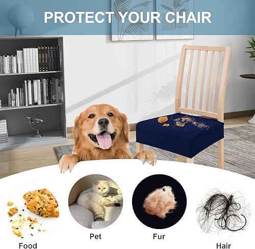 Miniatura 4 de Smiry Juego de 6 fundas de asiento elásticas de jacquard para sillas de comedor, extraíbles y lavables, sin fundas traseras, color azul federal