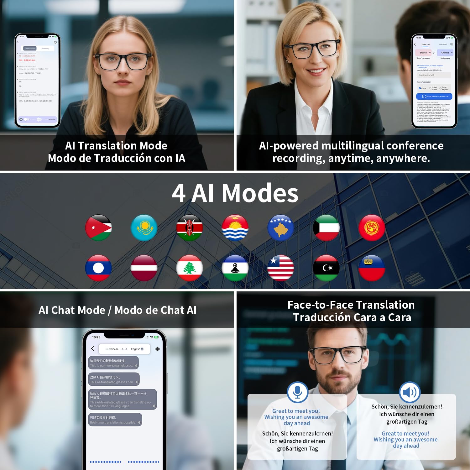 Occhiali intelligenti per traduttore AI con chat GPT, traduzione in tempo reale, occhiali Bluetooth per uomini e donne con oltre 160 lingue, lenti fotocromatiche, supporto audio/video