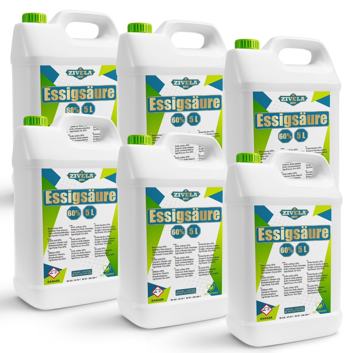 Ácido acético de 30 l, 60 % calidad premium, 6 x 5 l, esencia de vinagre, 60 % calidad alimentaria, 30 kg, vinagre de alta pureza para aplicaciones versátiles, perfecto para uso doméstico, industrial,