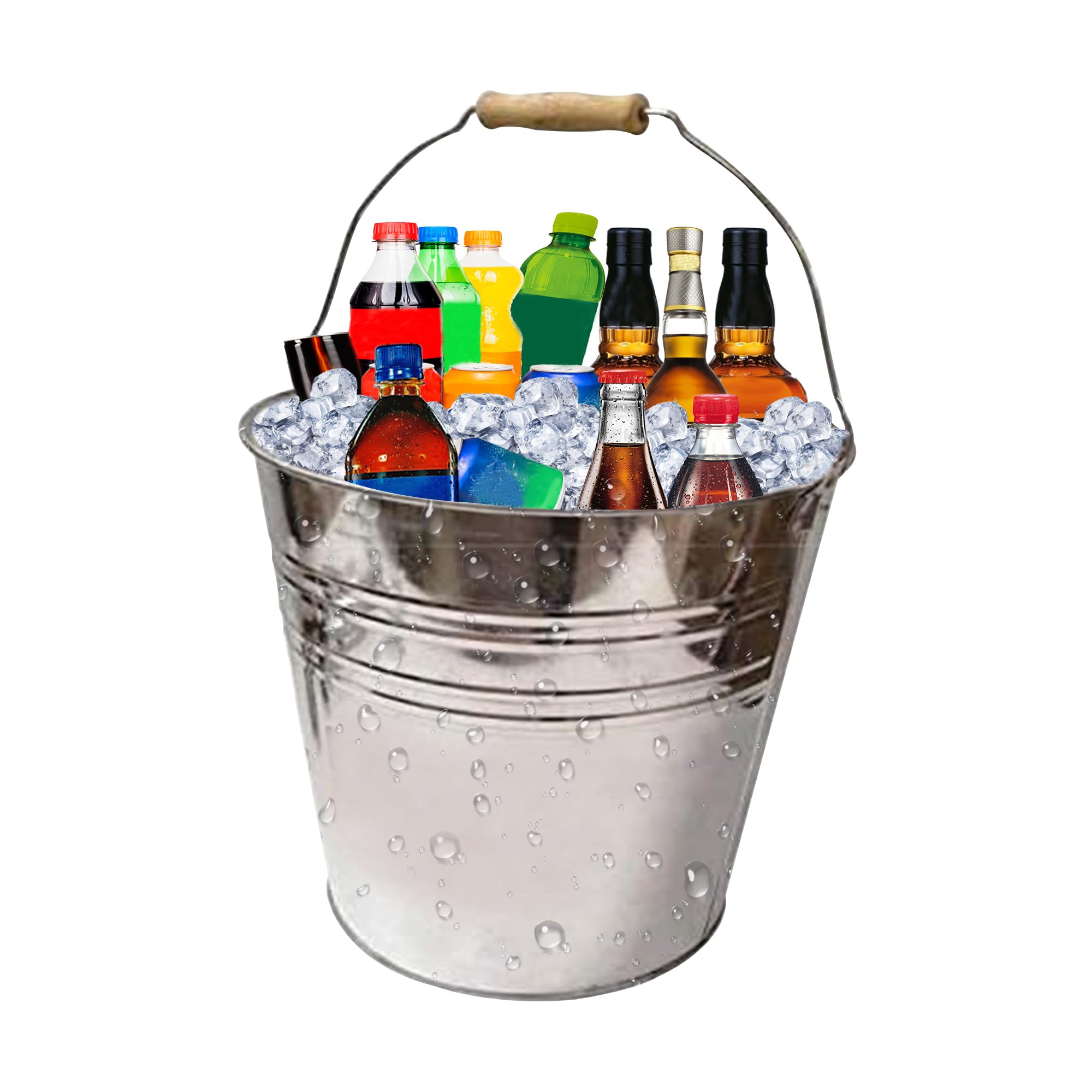 Adeptna Galvanised Steel Round 15L Drinks Ice Cool Bucket With Wooden Handles - Drinks Beer Cooler Cooling Bottles Or Ash Bucket