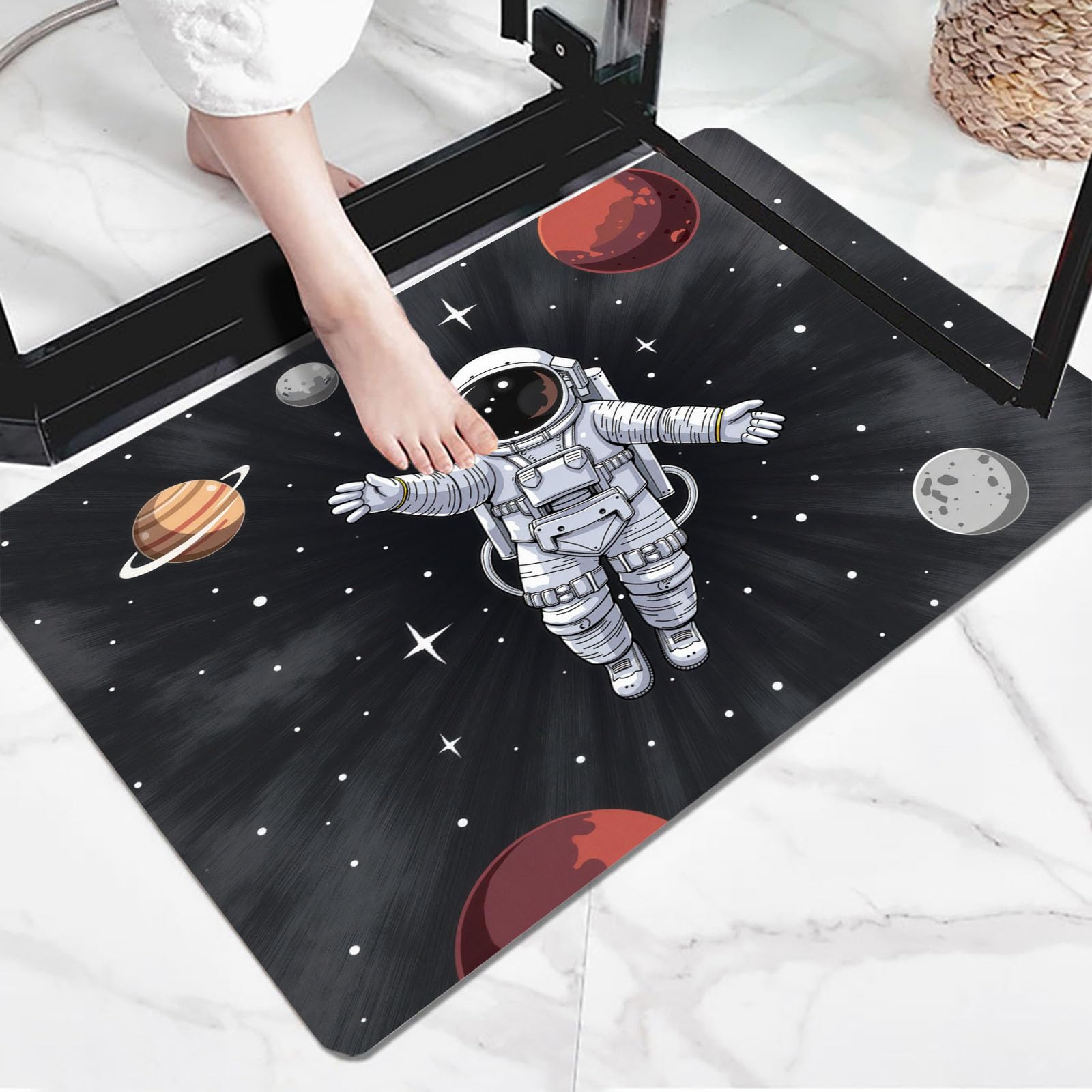 Fußmatte mit Astronauten für den Innenbereich, Cartoon-Science-Fiction-Stil Waschbare rutschfeste Teppichmatte für Eingangsbereich, Fußabtreter Innen für Terrasse Flur, 80x120cm