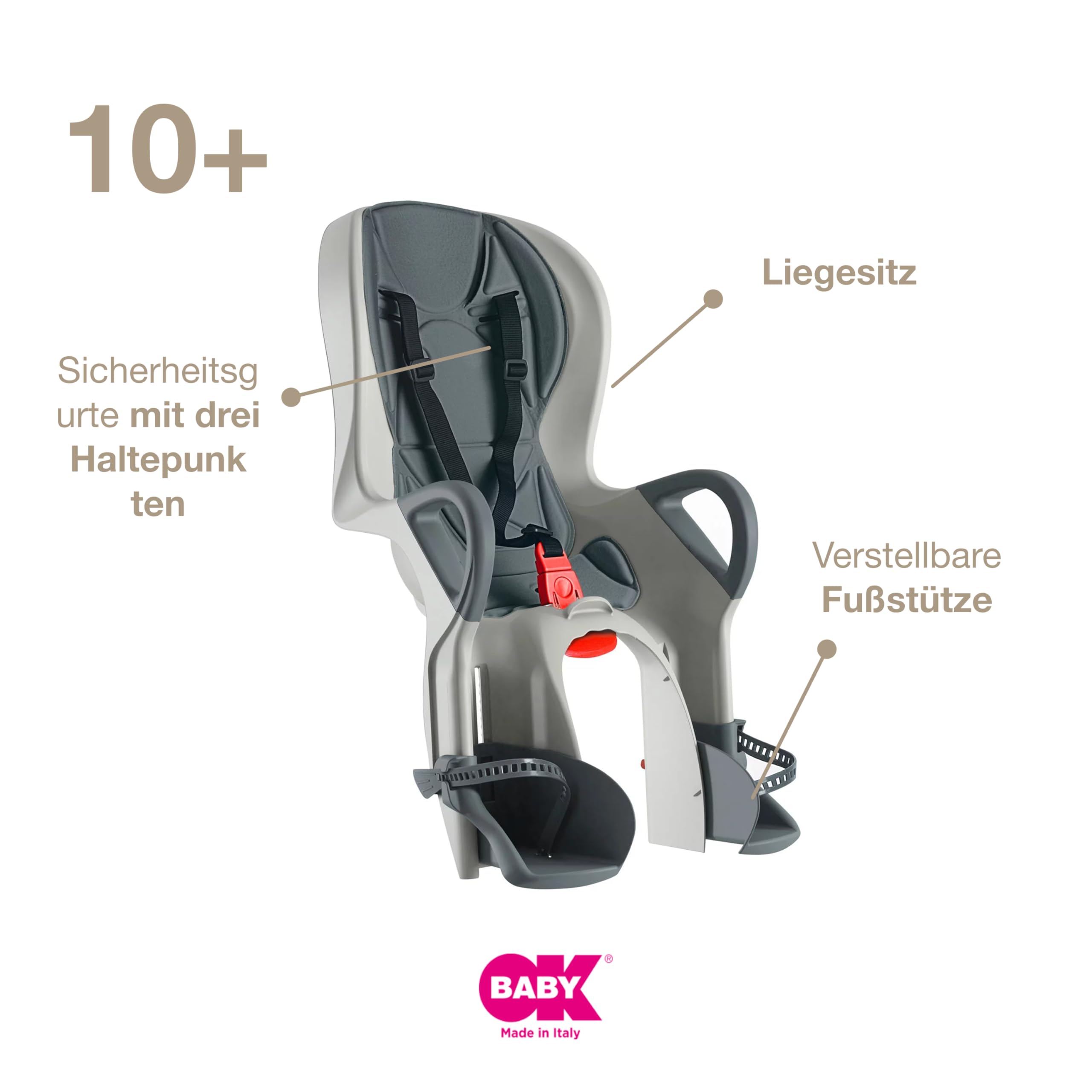 OKBABY 10+ - Fahrradsitz hinten für Kinder bis 22 kg mit Liegefunktion - Schwarz und Grau