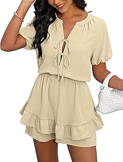 Womens Summer Shorts Romper: Self Tie V Neck Layer Ruffle Hem Romper Dre...