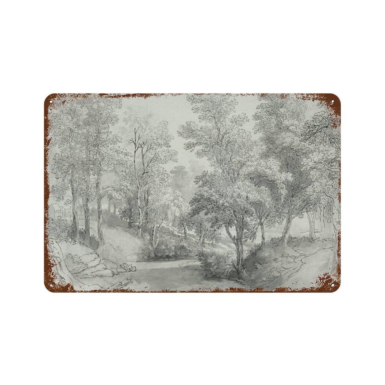 xiaoxiaoshen Forest River Vintage Sketch Nature Landscape Drawing, Gray, Wall Decor Art Metal Tin Poster Modern Home Decor Art Home Bar Shop Decorations Vintage Sign 20x30cm