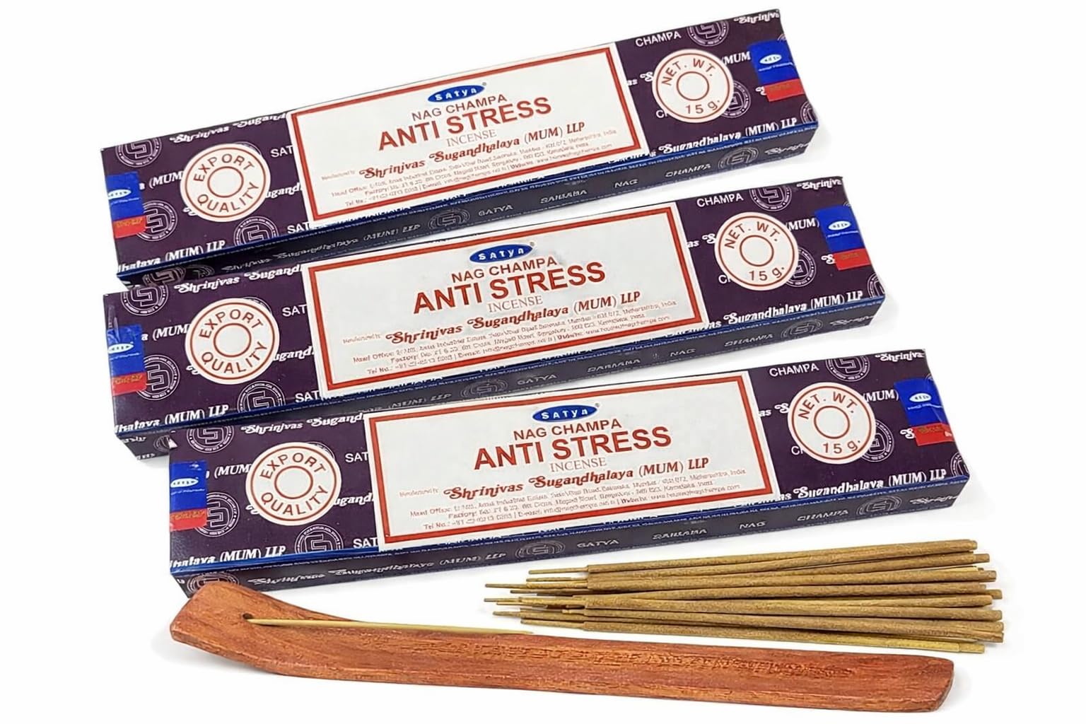 Jrose Collections White Satya Nag Champa Anti Stress Incense Sticks – 3 X 15G Packs (Approx. 45 Sticks) With Jrose Wooden Burner – Lavender & Vanilla Masala Incense – Relaxation, Meditation & Aromatherapy Set