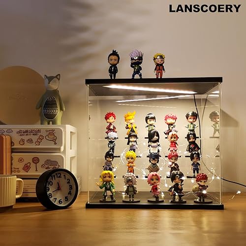 Miniatura 3 de LANSCOERY Vitrina de acrílico transparente con luz, soporte de 4 niveles con base negra, escaparate de protección a prueba de polvo para figuras