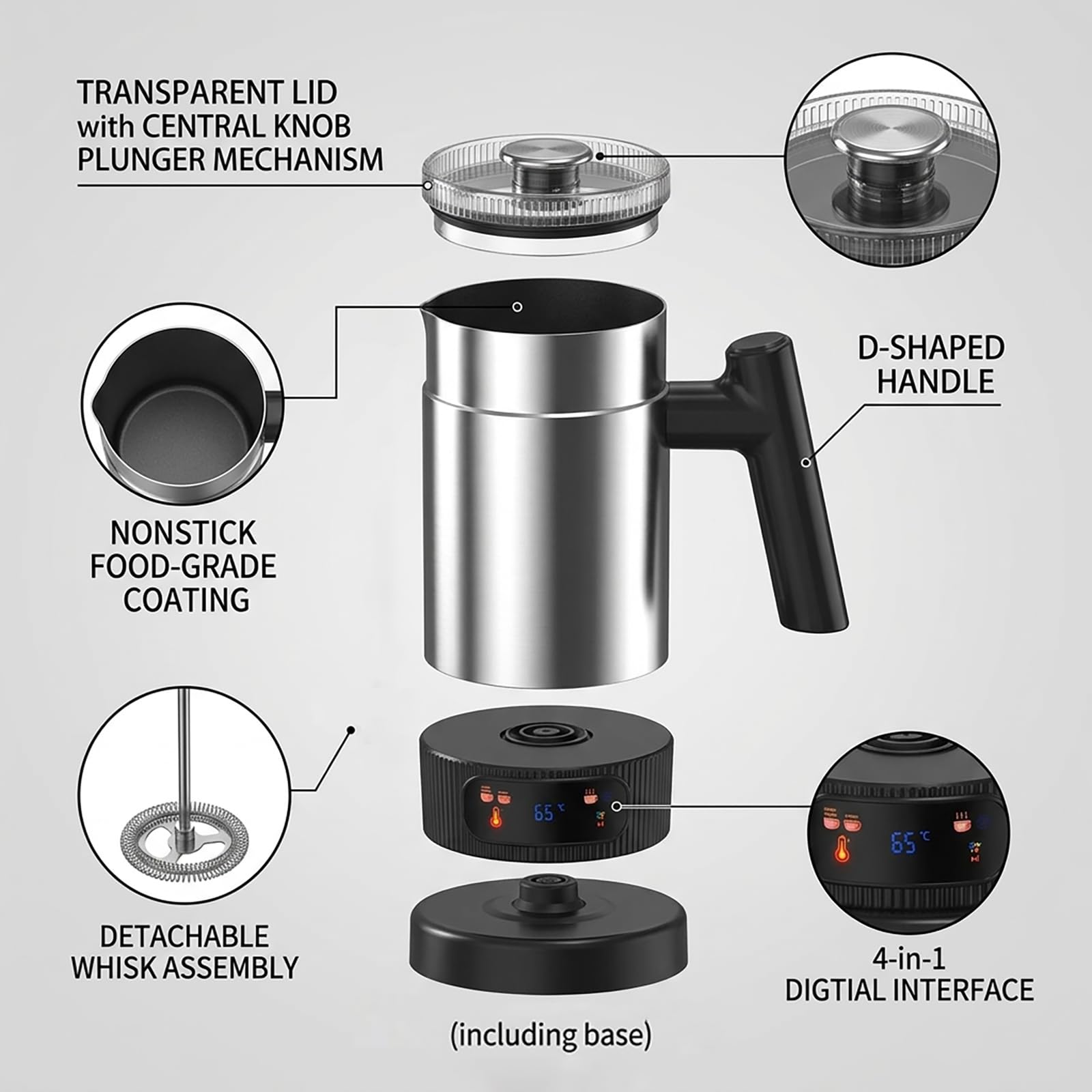 Espumador de Leche Eléctrico, 4 en 1, Hacedor de Espuma Caliente y Fría con Pantalla Táctil y Temperatura Ajustable 60-70°C, Interior Antiadherente de Acero Inoxidable, para Latte, Capuchino Macchiato
