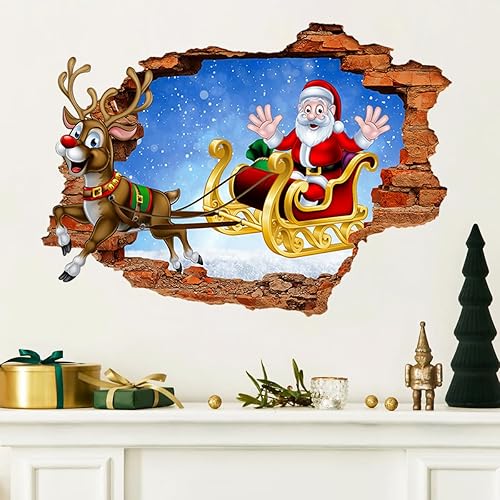 Calcomanías de pared de Navidad 3D, calcomanías de pared de Navidad de renos de Papá Noel, removibles, calcomanías de pared de Navidad para Navidad,