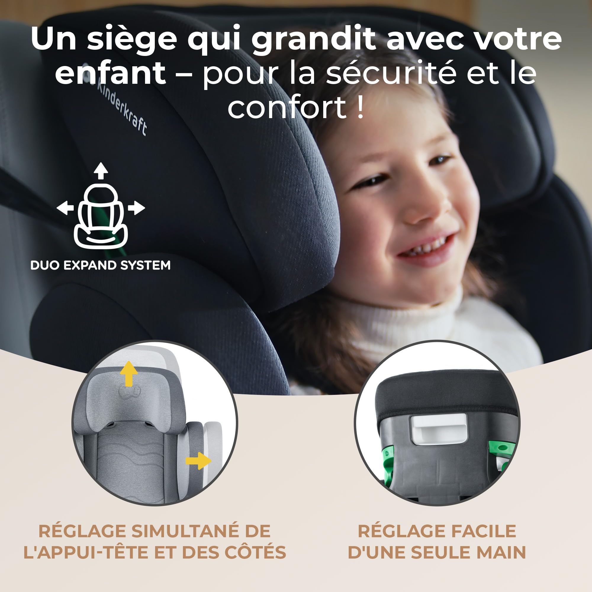 Kinderkraft XPAND2 I-Size, Siège Auto Isofix, Groupe 2/3 (15-36 kg), Réhausseur, Gris
