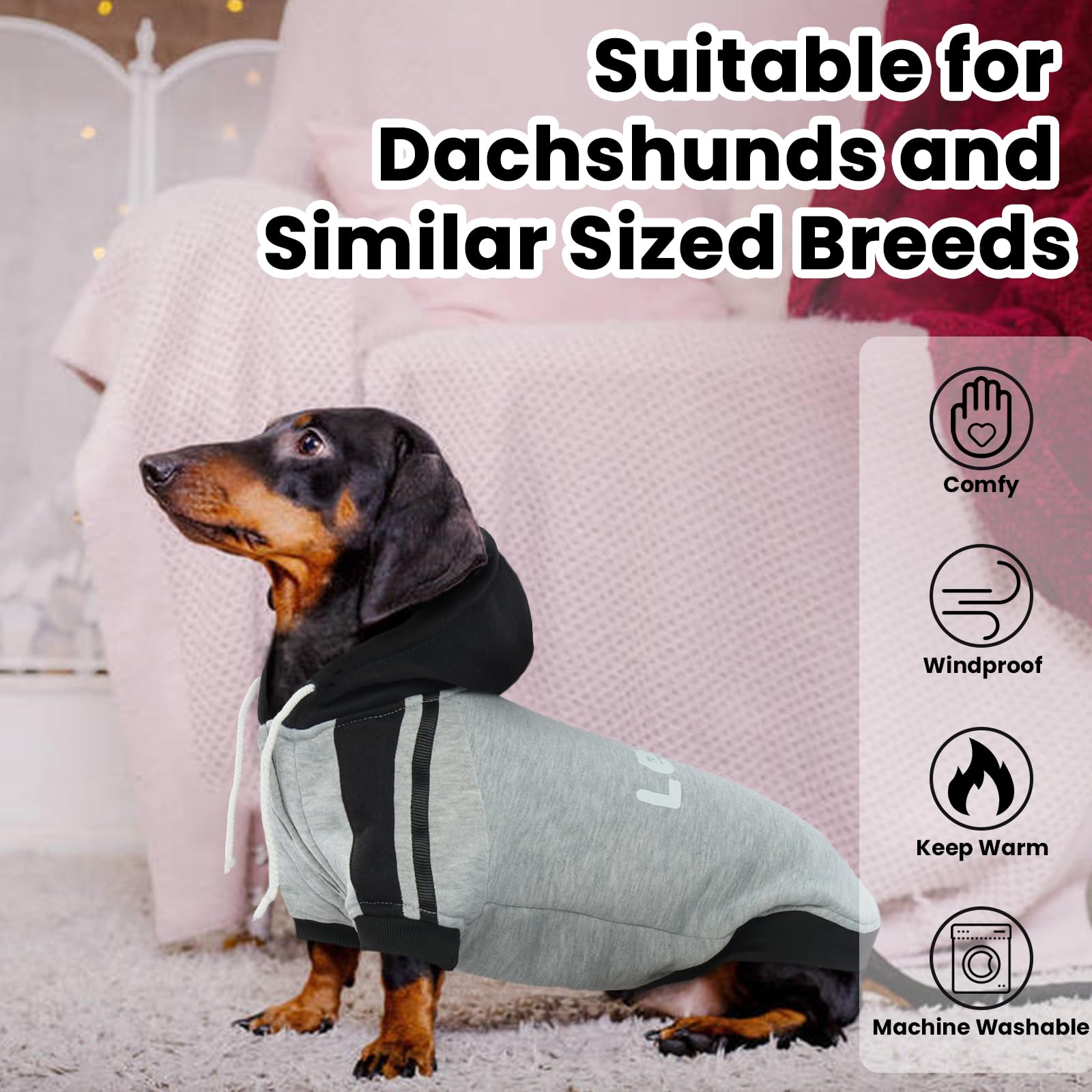 Lelepet Kapuzenpulli für Dackel, Hundepullover mit Lelepet Print, Dachshund Hundesweatshirt, Pullover Hoodie für Kleine Mittelgroße Große Haustier, Weich Hund Kapuzen Kleidung, Grau L