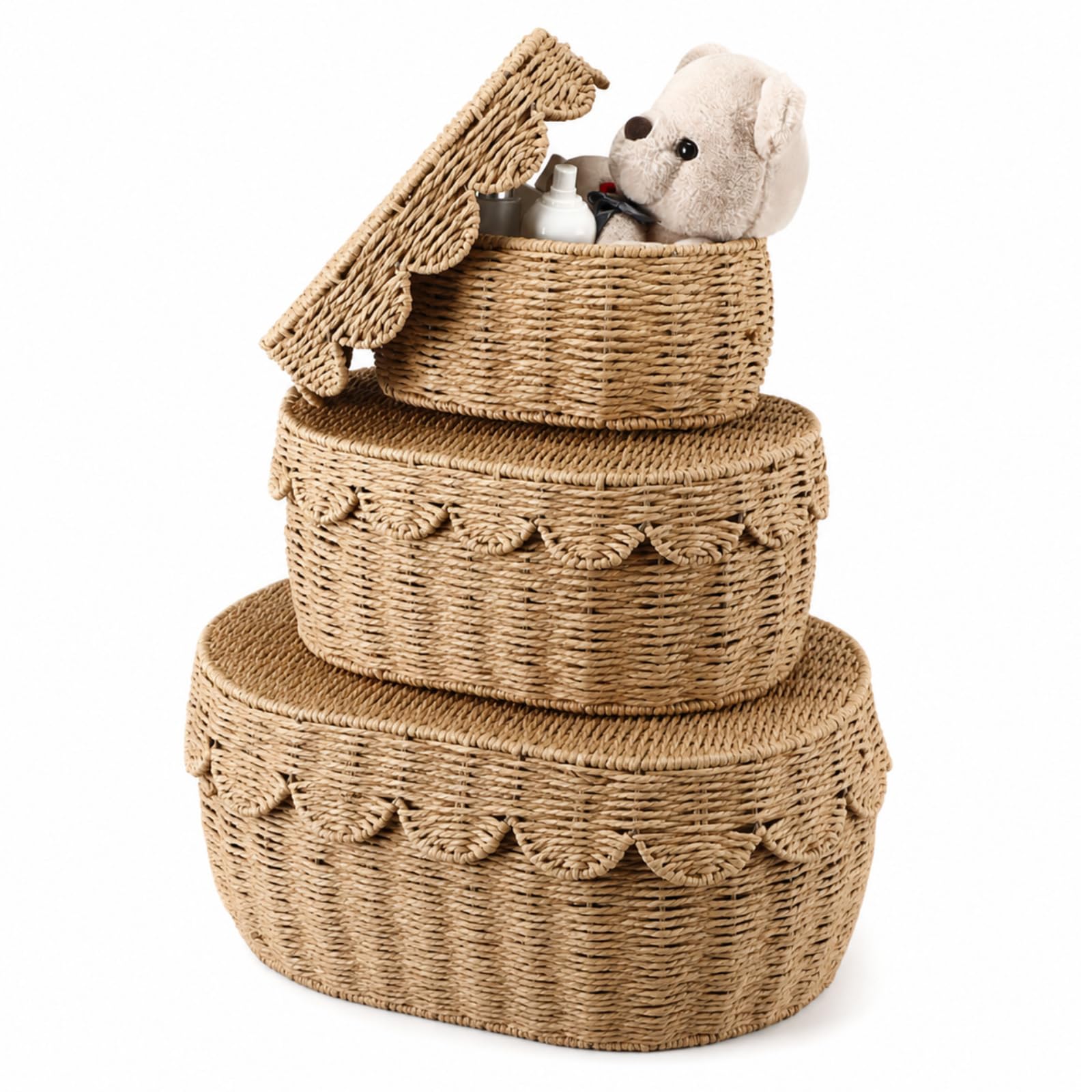View 1 of ***MISSING 1 BASKET*** Newtay 3 Pcs Large Scalloped Wicker Rattan Storage Baskets with Lid