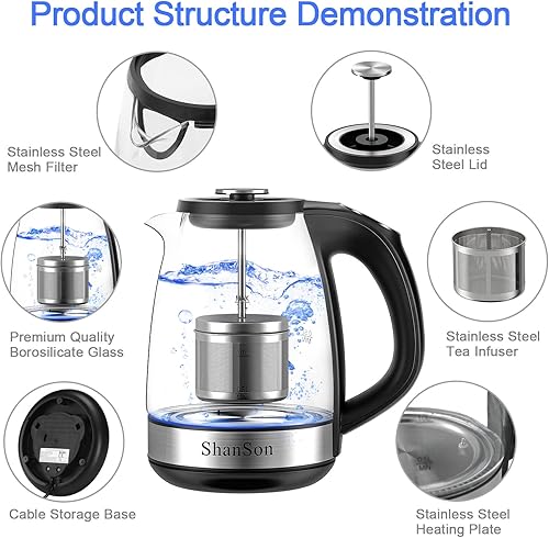 Miniatura 4 de ShanSon Hervidor eléctrico con infusor de té de 1,7 L, control de temperatura, hervidor de té eléctrico de vidrio de 1500 W, caldera de agua de