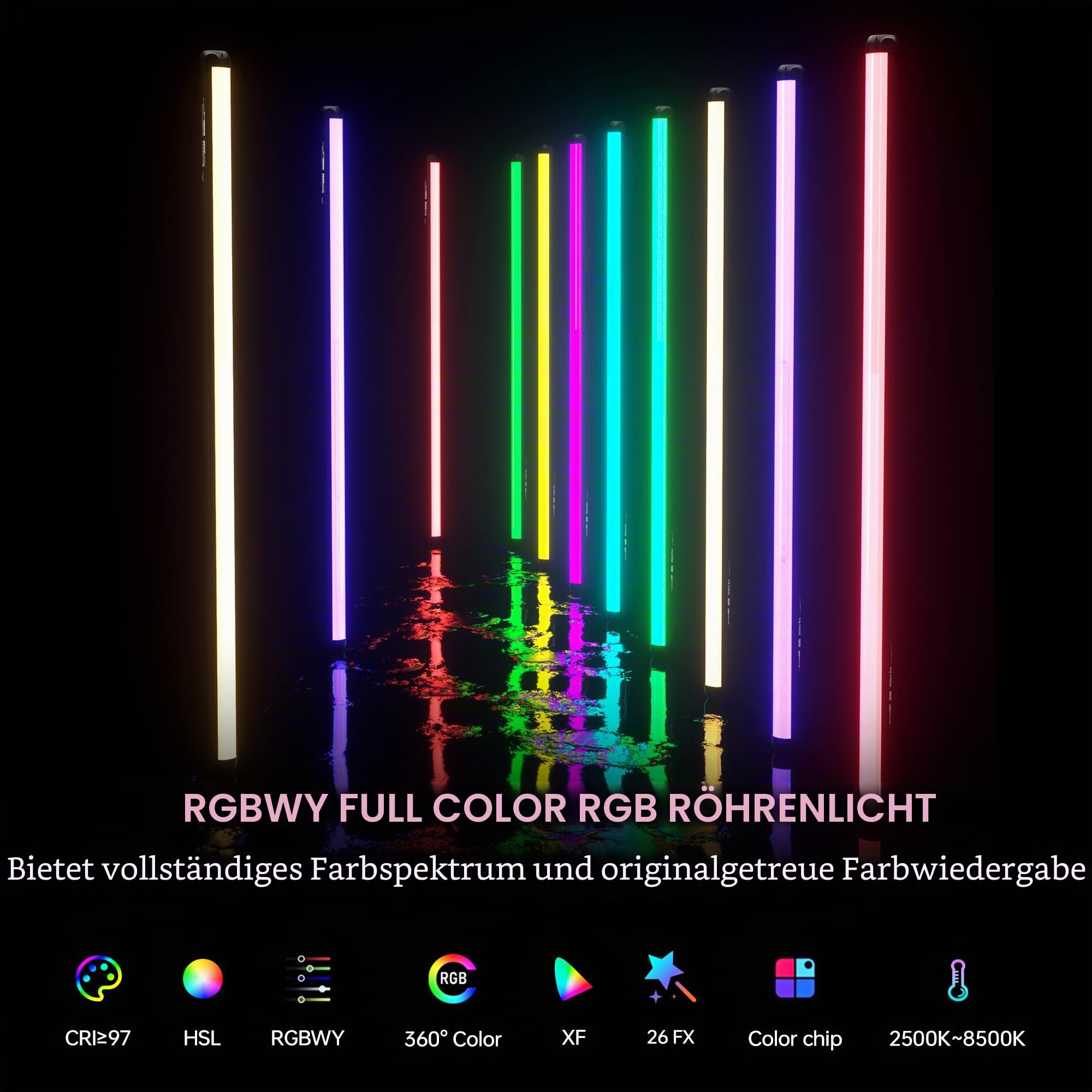 VILTROX K90 2er Pack RGB Leuchtstoffröhre, 30W 38" großer RGBWY-LED-Video-Stick-Lichtstab für Fotografie mit APP/2,4 G/Fernbedienung, CRI 97+, 26 Szenen, 2500K-8500K, 14,8V/3300mAh Akku, Magnetchip