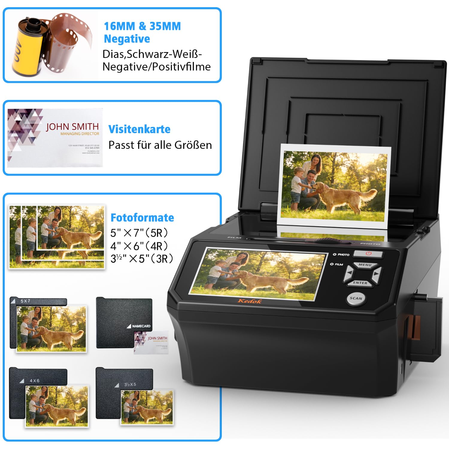 Fotoscaner, Multiscanner für Fotos, Dias und Negative, Digitalisierer mit 5" LCD-Bildschirm, 22 MP Konvertierung von 35mm/110mm Filmen, inkl. 8GB SD-Karte