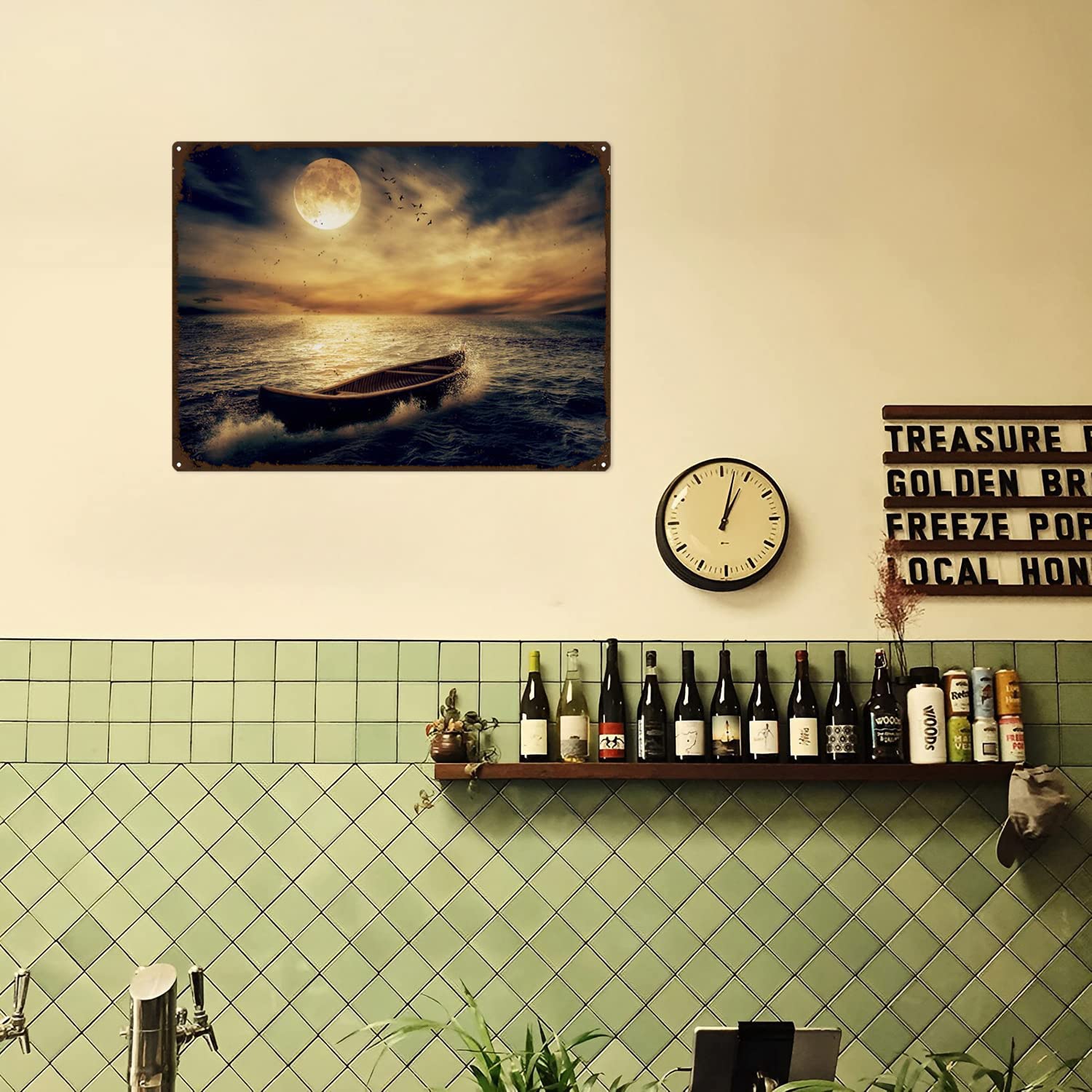 Targa in metallo retrò decorazione da parete Barca a vela Sailing Under The Full Moon Wall art Metal Tin Poster Landscape Home Decor Art Metal Poster Home Bar Shop Decorazioni Caffè Targa
