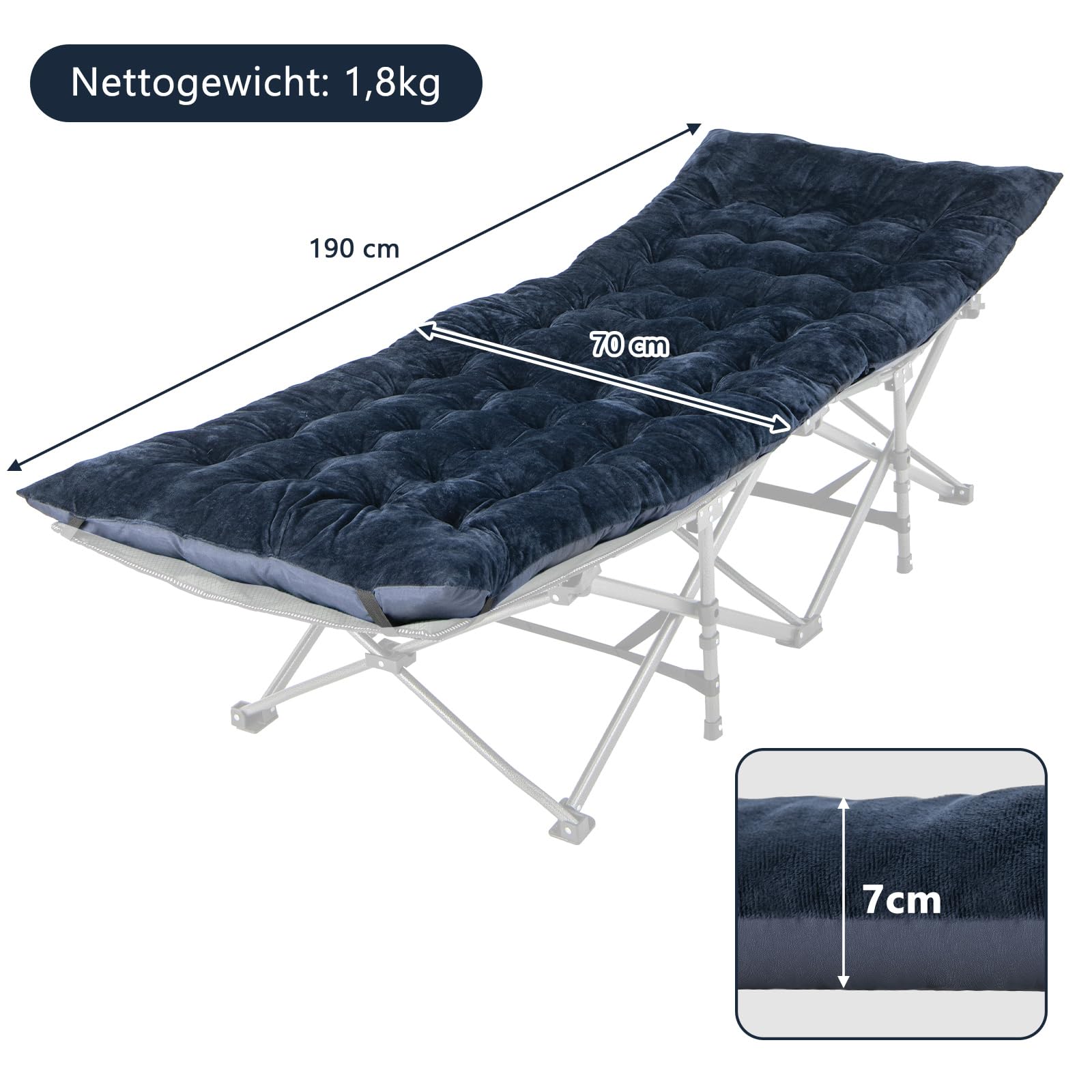 GYMAX Liegenauflage, 190 x 70 x 7 cm, Auflage Sonnenliege mit 4 Einstellband, Auflage Gartenliege, Feldbett Auflage für Deckchair, Gartenmöbel & Reisen
