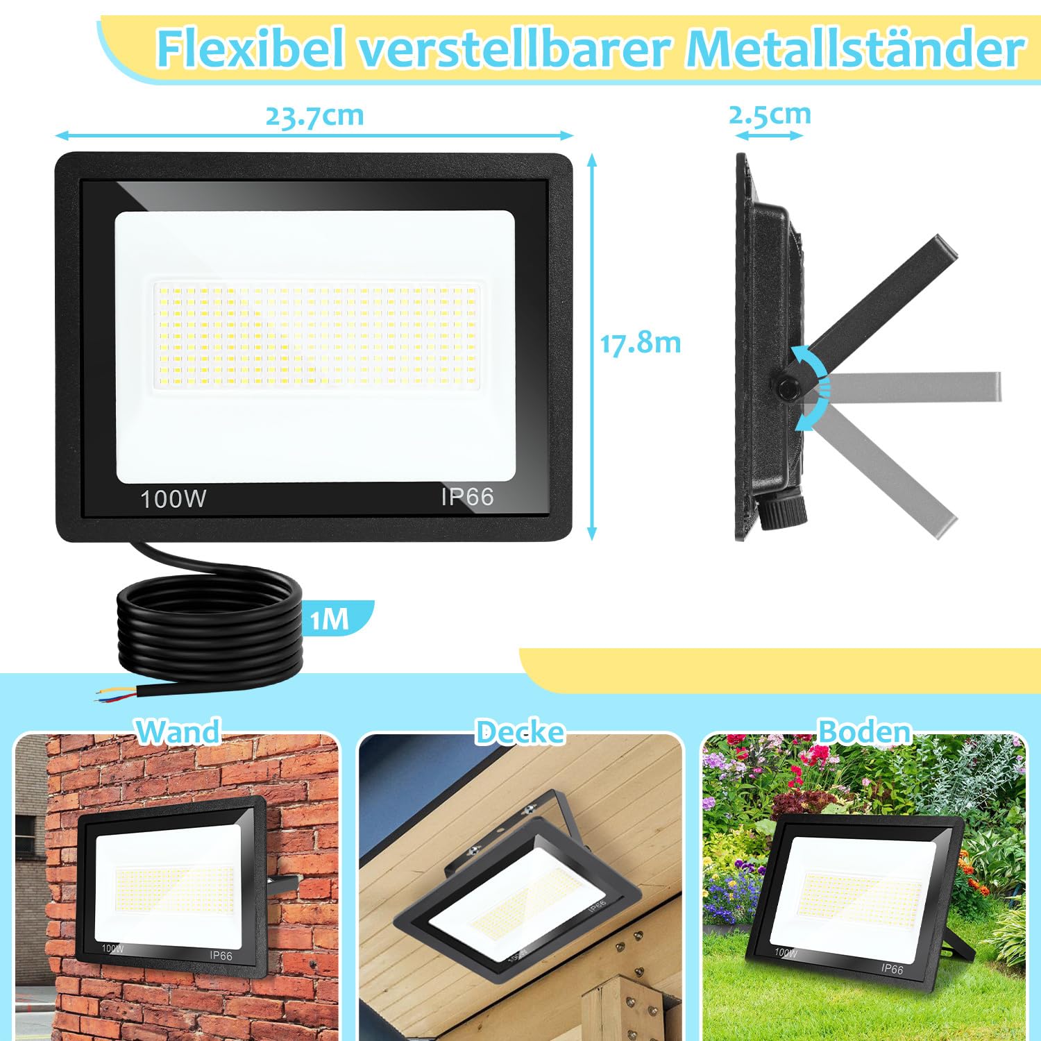 LED Strahler Außen 100W,4 Stück Dimmbar LED Fluter 3000K/4000K/6500K, Led Scheinwerfer, IP65 Wasserfest Aussenstrahler für Hell Garten Hof Türen Rasen Garage [Energieklasse E]