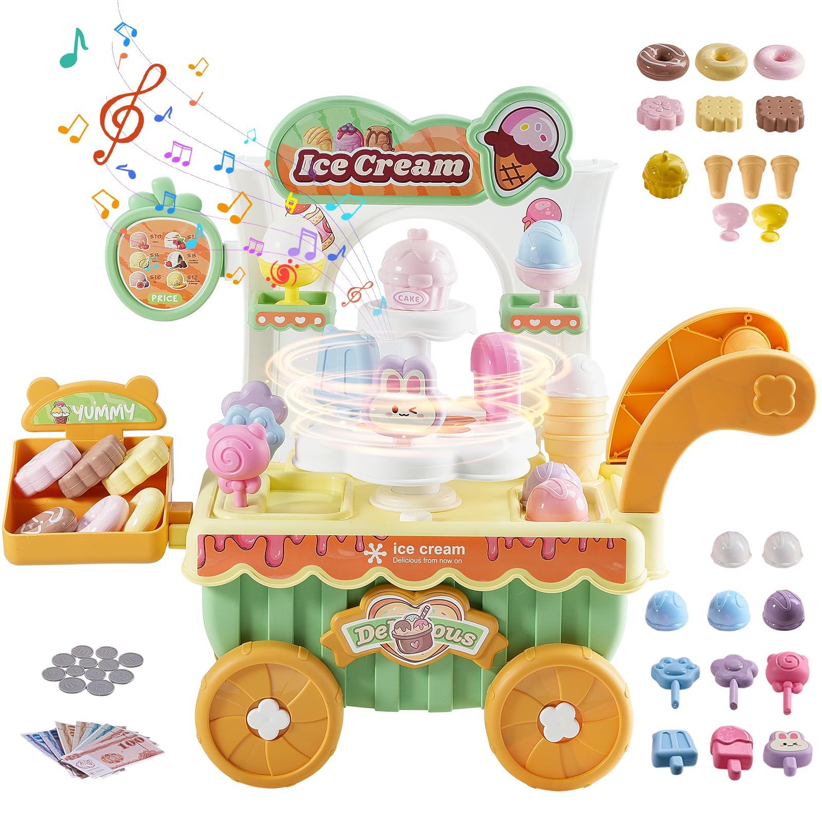 VEVOR Ice Cream Cart for Kids, 27 PCS Accessories, Pretend Play Store with Storage Trolley, Sound & Light Effects, Montessori Educational Ice Cream