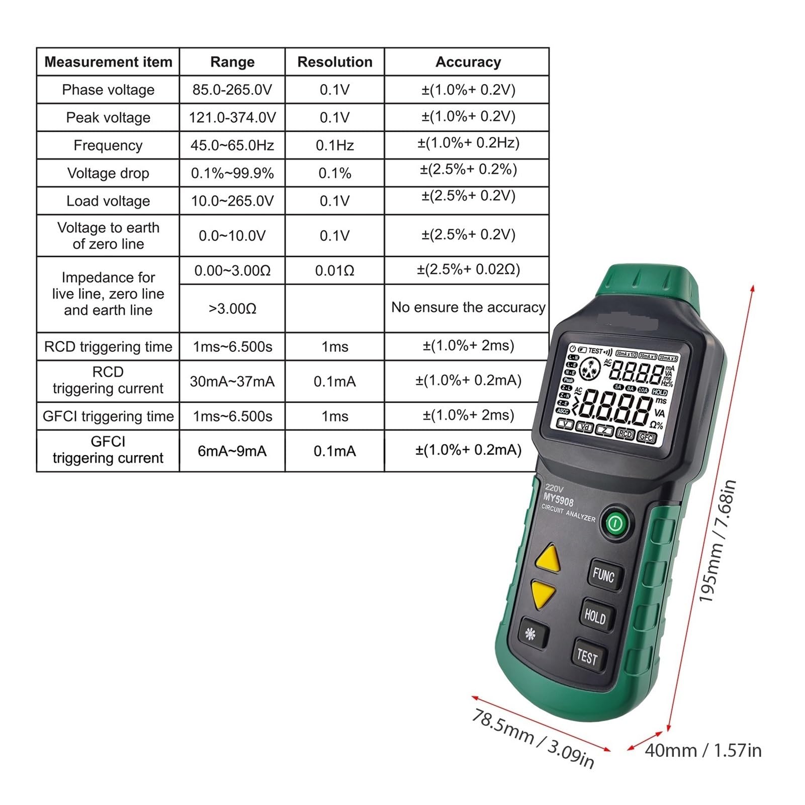 MY5908 LCD Digital Circuit Analyzer Spannung GFCI RCD Fehler Tester Niederspannung Verteilung Linie Fehler Test Für Heimwerker