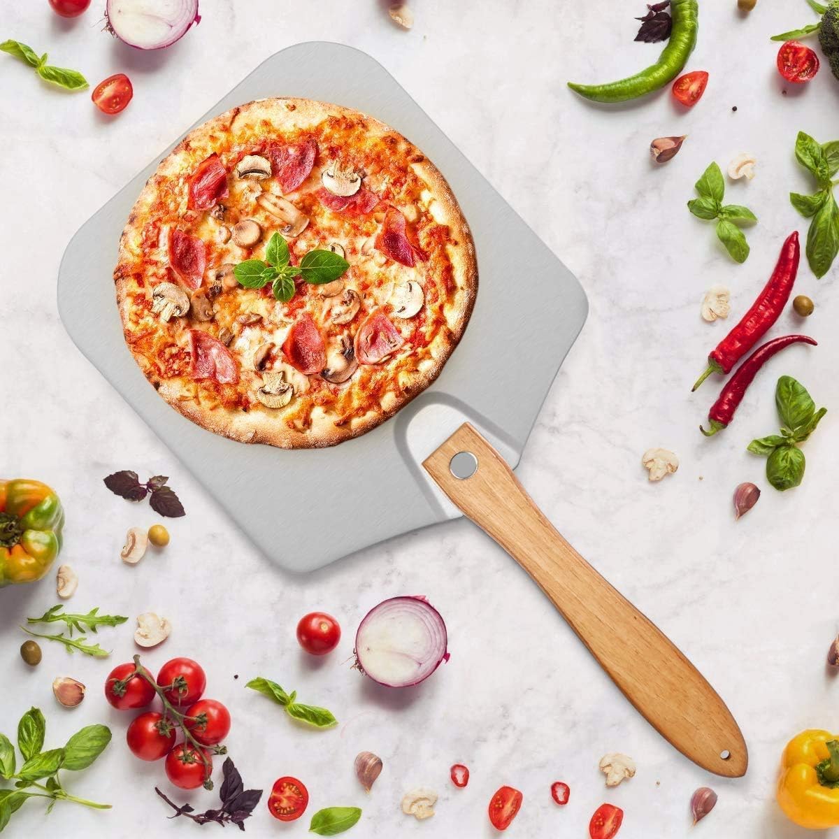 12x14 Inch Aluminum Pizza Peel with Foldable Wooden Handle, Pizza Paddle for Oven & Grill, Perfect for Homemade Pizza and Bread