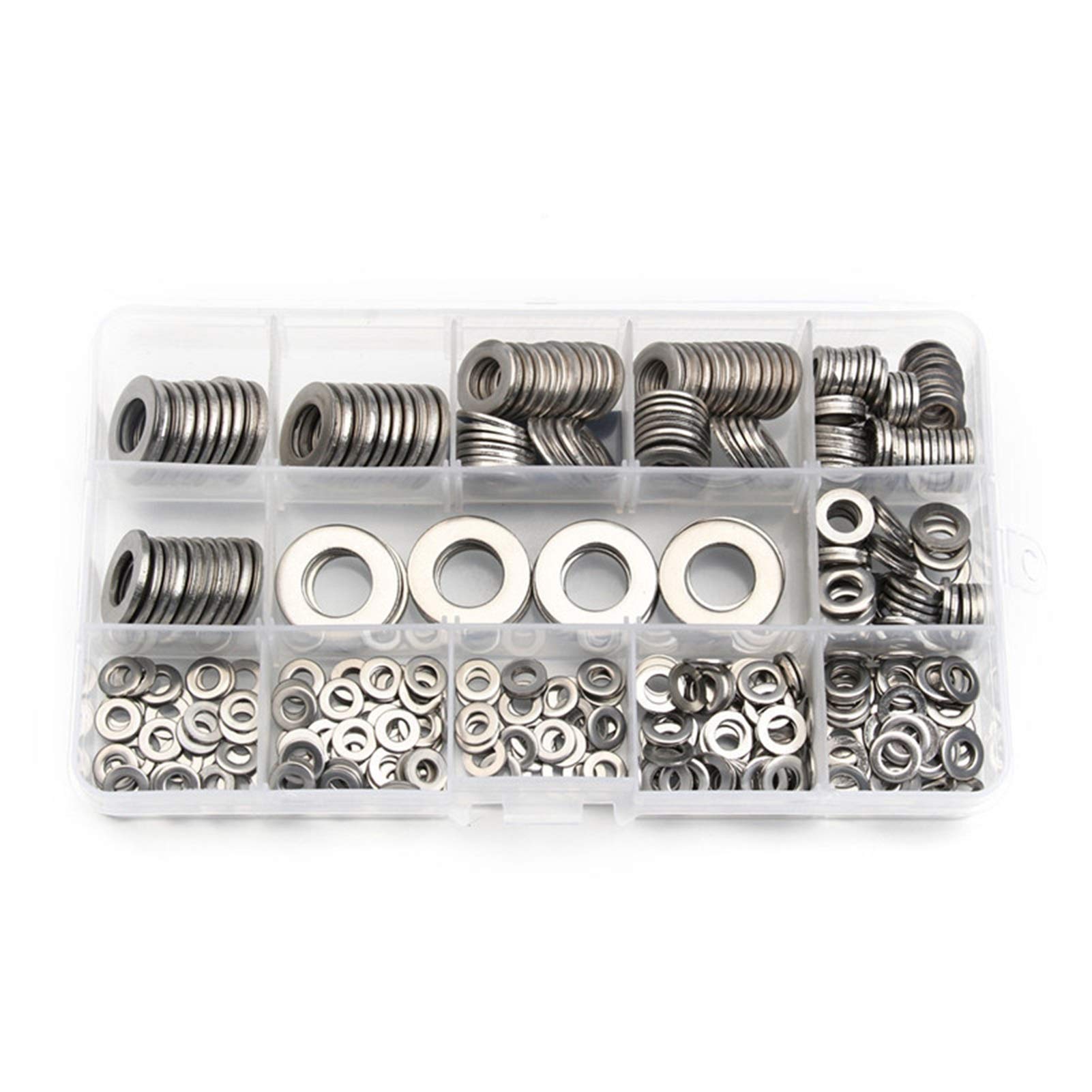 395pcs / set M4 / M5 / M6 / M8 / M10 / M12 Durable de acero inoxidable Lavadora plana Lavadora de bloqueo de tornillo arandela lisa Surtido métrico conjunto con caja DUO ER