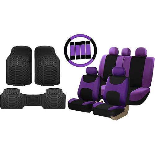 FH Group Light & Breezy Cloth Full Set Car Seat Covers (Purple/Black) Combo Set: Steering Wheel Cover, Seat Belt Pads and Black Vinyl Floor Mats – Universal Fit for Cars Trucks & SUVs
