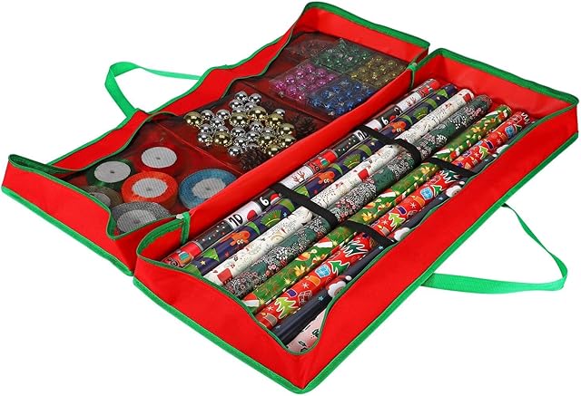 Vinsani® Christmas Xmas Decoration Gift Wrap Fabric Storage Bag Large Waterproof Accesories Décor Organiser (83 x 35 x 14 cm) for Wrapping Paper Rolls, Tags & Bows - Red
