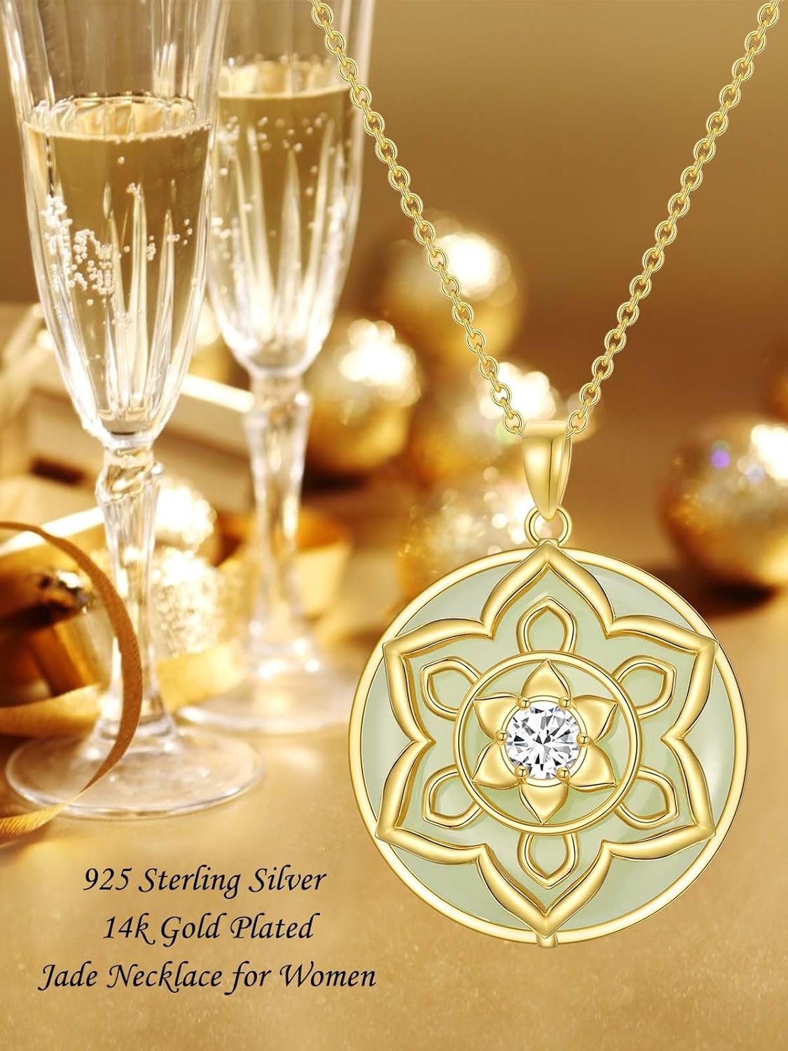 Jade Lotus Necklace for Women 14k Gold Plated Sterling Silver Natural Jade Good Fortune Jewelry Birthday Gifts for Women Mom Wife - Image 4