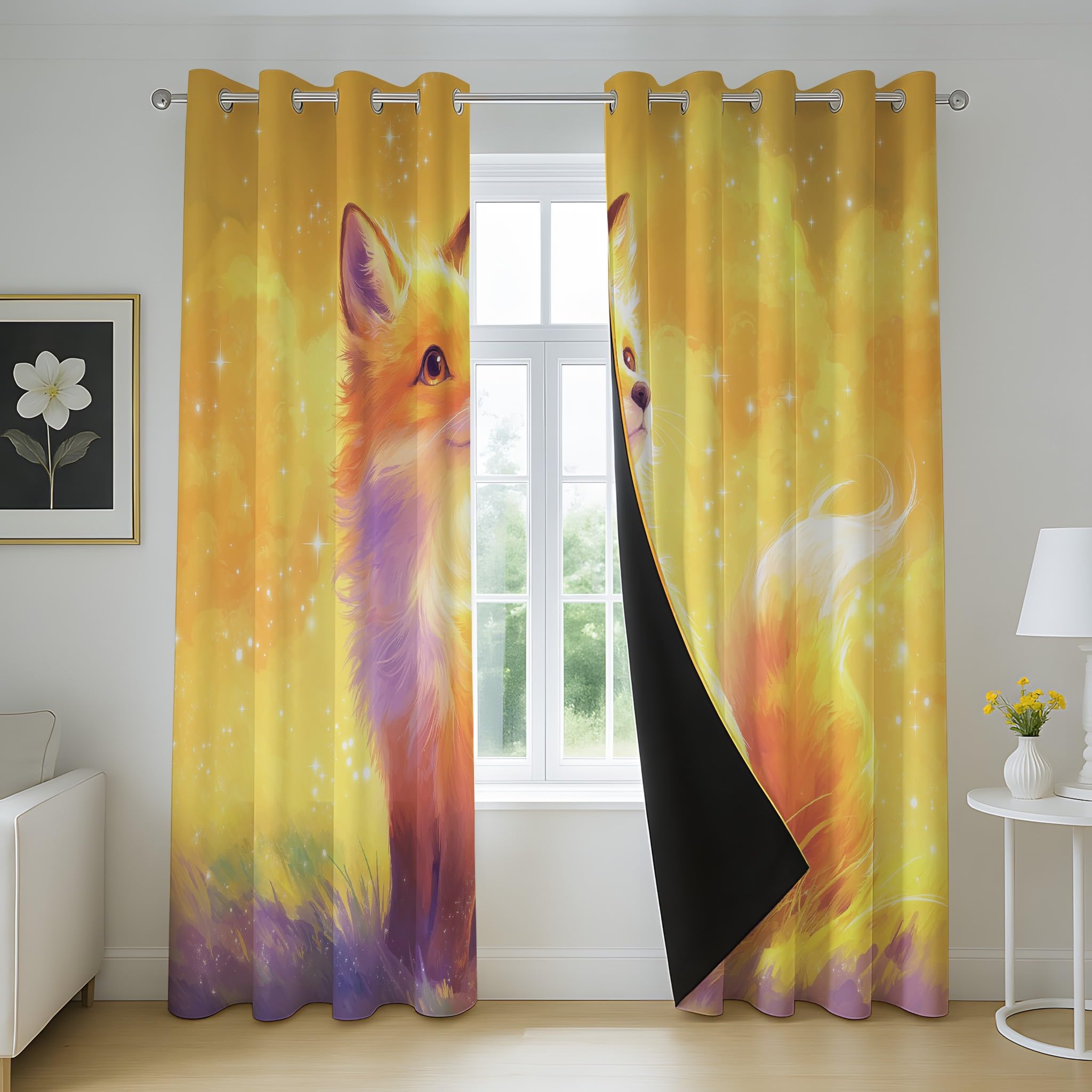 132An x 228Al CM Cortinas filtrantes de luz para Habitaciones Infantiles Dibujo Animado Acuarela Calido Zorro Bolsillo para Barra Cortinas para Vivero Jardín de Infancia 2 Panel Amarillo Morado