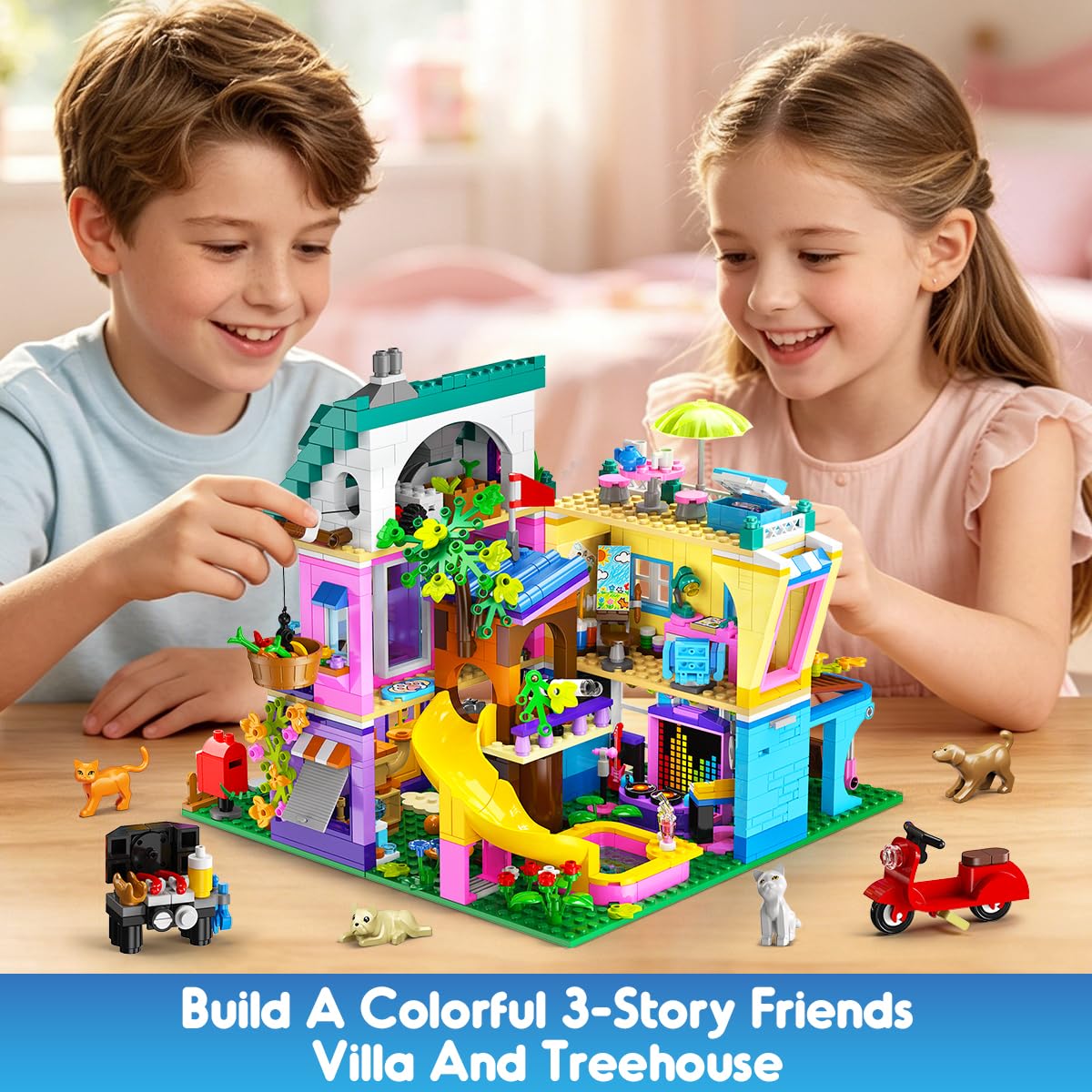 HOGOKIDS Friends Mädchen Familienhaus Bausteinset mit Licht & 4 Tierfiguren | 3 Bauvarianten Freunde Spielset mit Garten, 1154PCS Häus mit Baumhaus, Geburtstagsgeschenk für Mädchen Jungen ab 8 Jahren